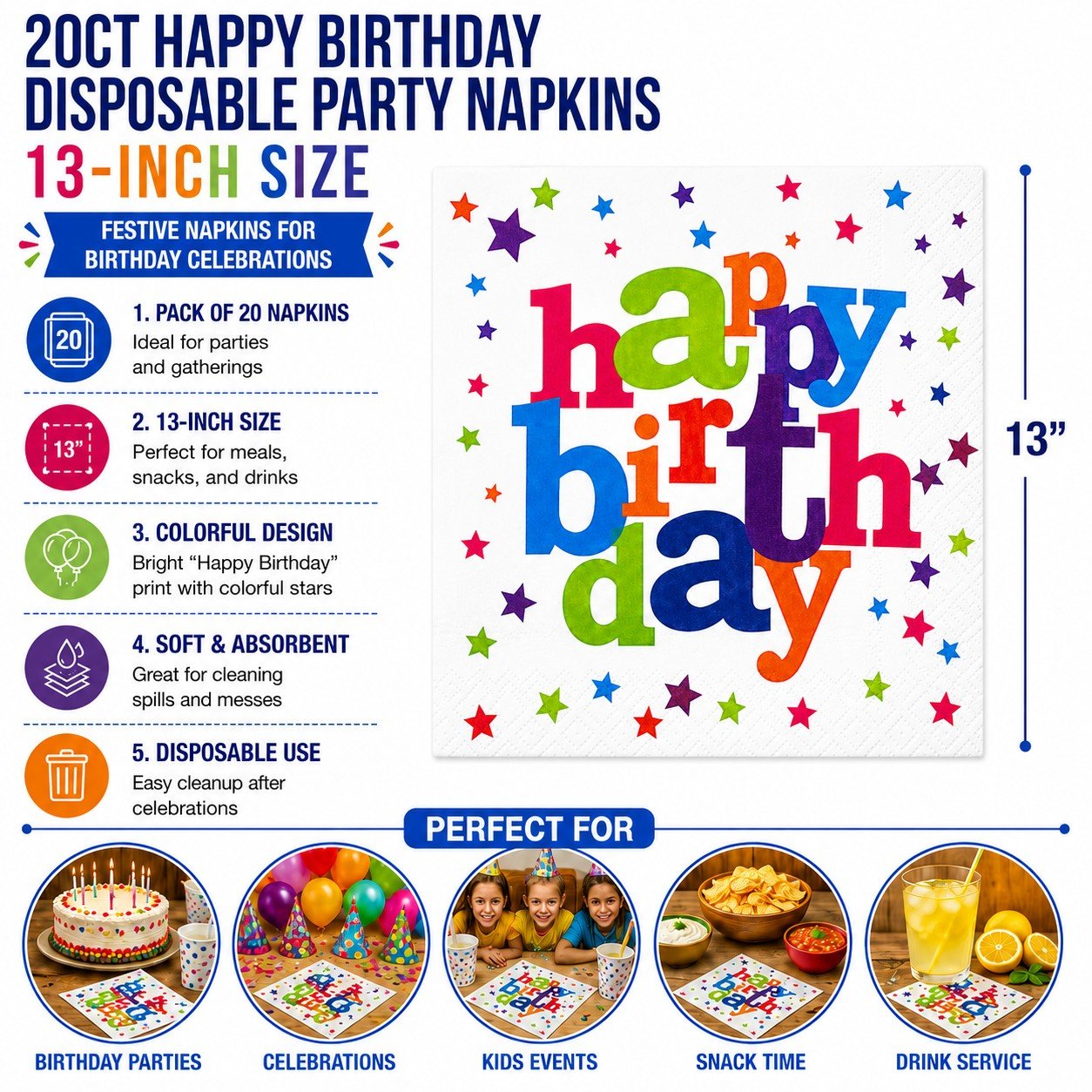 Disposable party napkins with colorful 'happy birthday' design and product details.