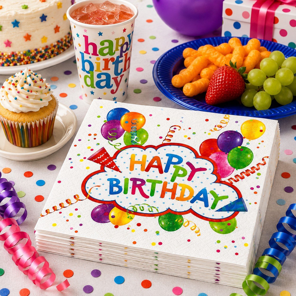 Stack of birthday-themed napkins with colorful balloons and text on a festive table with cake, cupcake, and snacks.