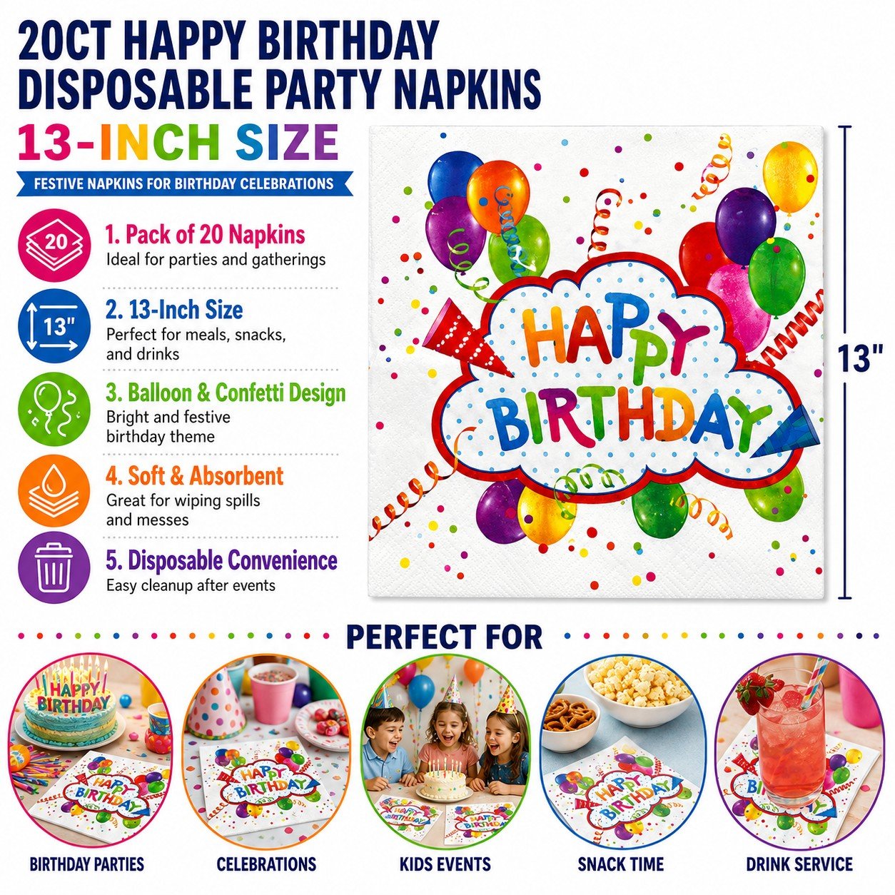 Disposable party napkins with 'Happy Birthday' design and product details.
