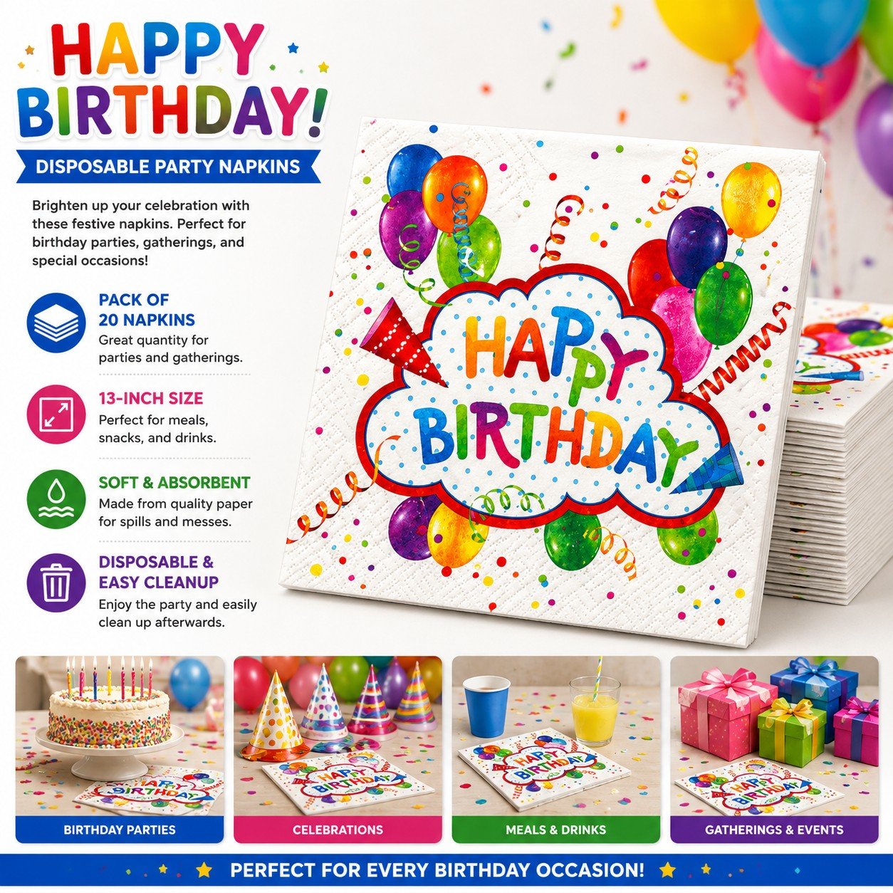 Disposable party napkins with colorful 'Happy Birthday' design, surrounded by balloons and party supplies.