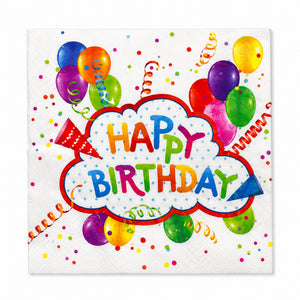 Colorful 'Happy Birthday' napkin with balloons and confetti on a white background