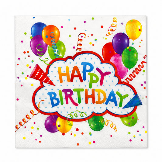 Colorful 'Happy Birthday' napkin with balloons and confetti on a white background