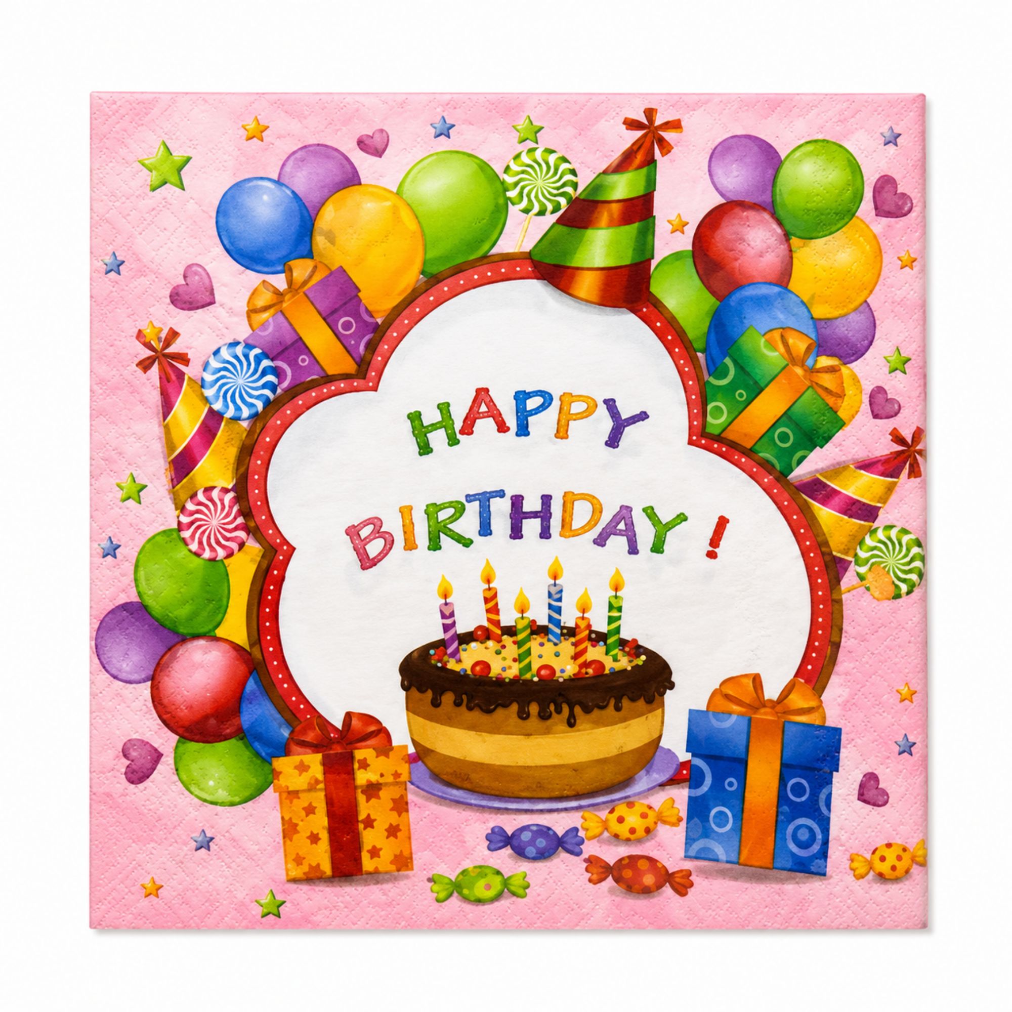 Colorful birthday card with balloons, cake, and presents on a pink background