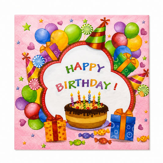 Colorful birthday card with balloons, cake, and presents on a pink background