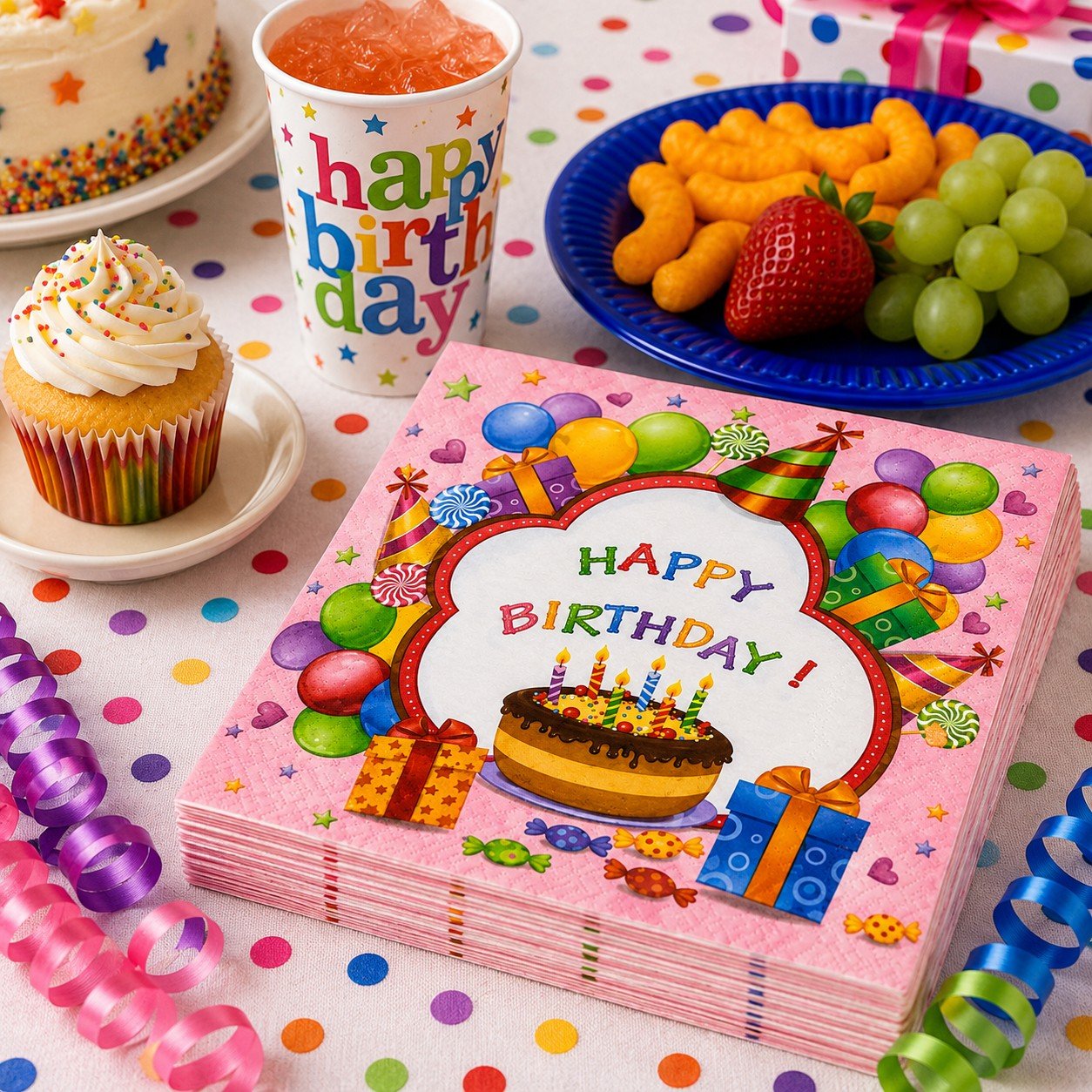 Happy Birthday napkins on a table with cake, cup, and snacks.