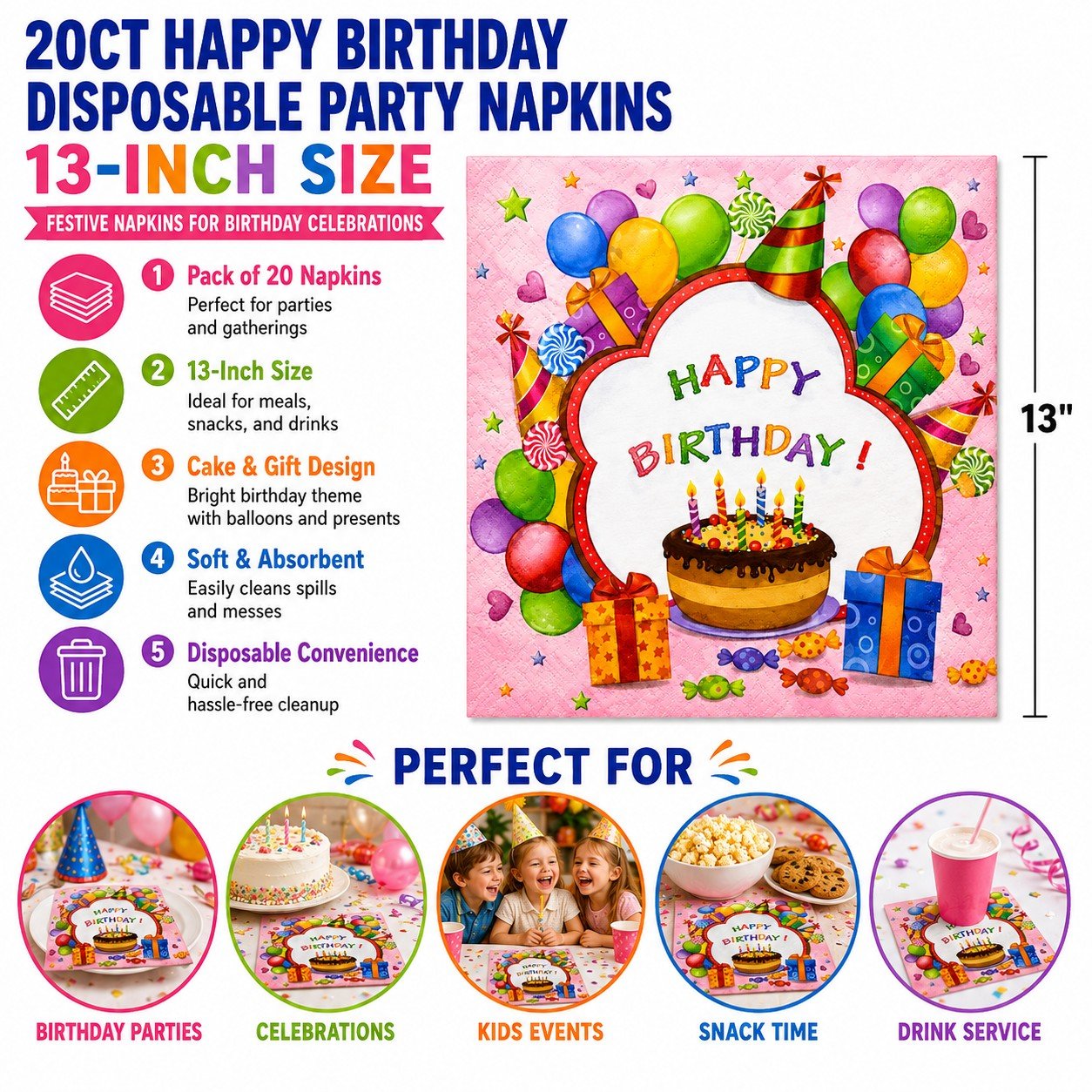 Happy Birthday disposable party napkins with colorful design and text, featuring a 13-inch size and various uses.