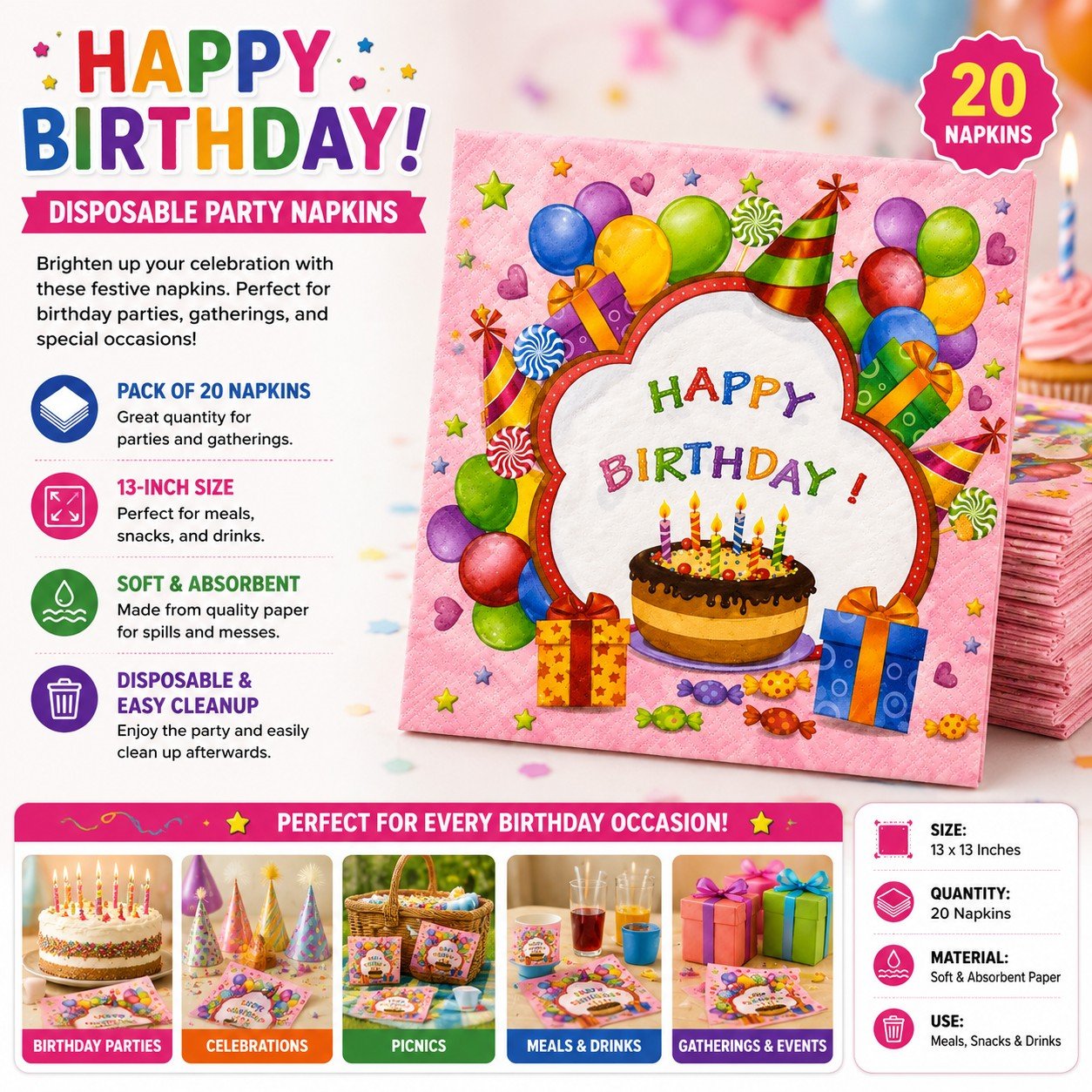 Pack of disposable party napkins with birthday design on a colorful background
