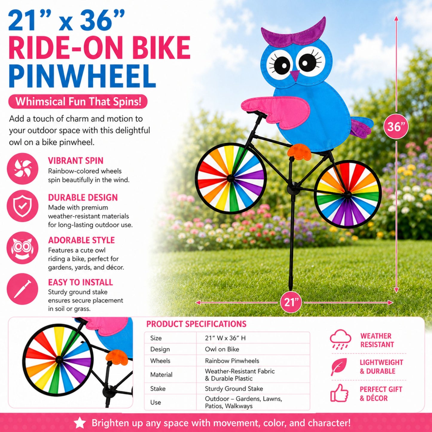 Colorful Owl Bike Pinwheel Garden Spinner 21x36