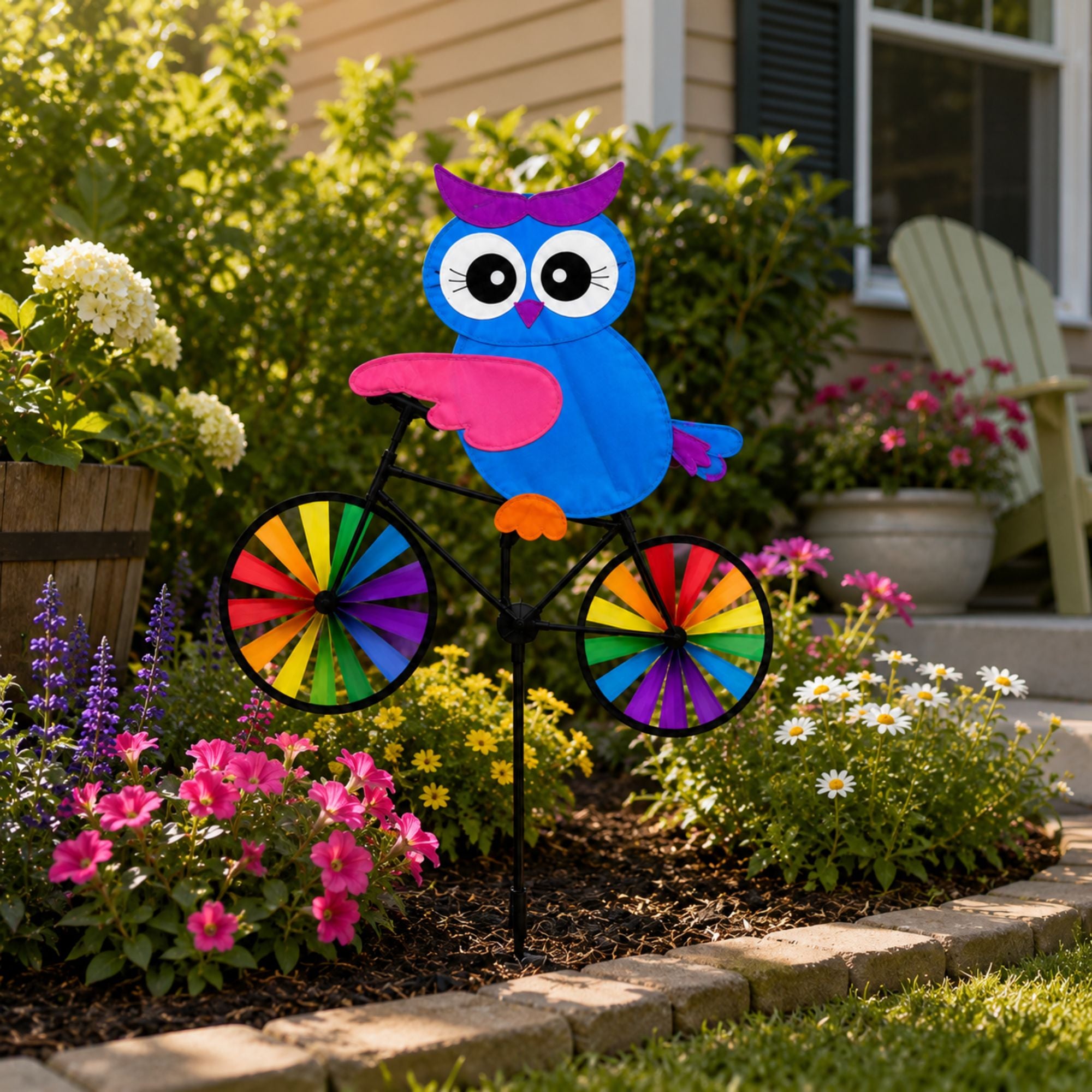 Rainbow Bike Pinwheel Garden Spinner Outdoor Decor