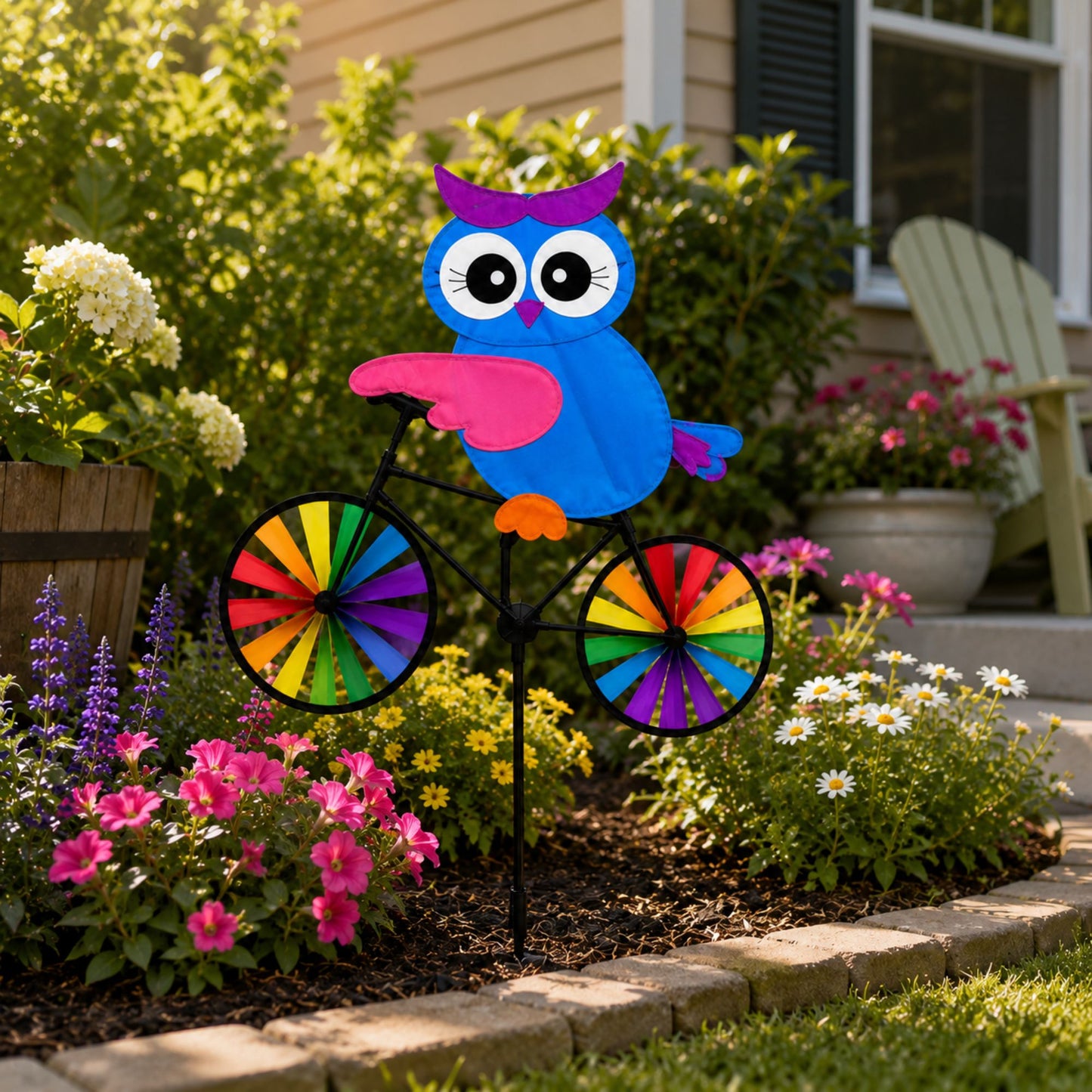Rainbow Bike Pinwheel Garden Spinner Outdoor Decor