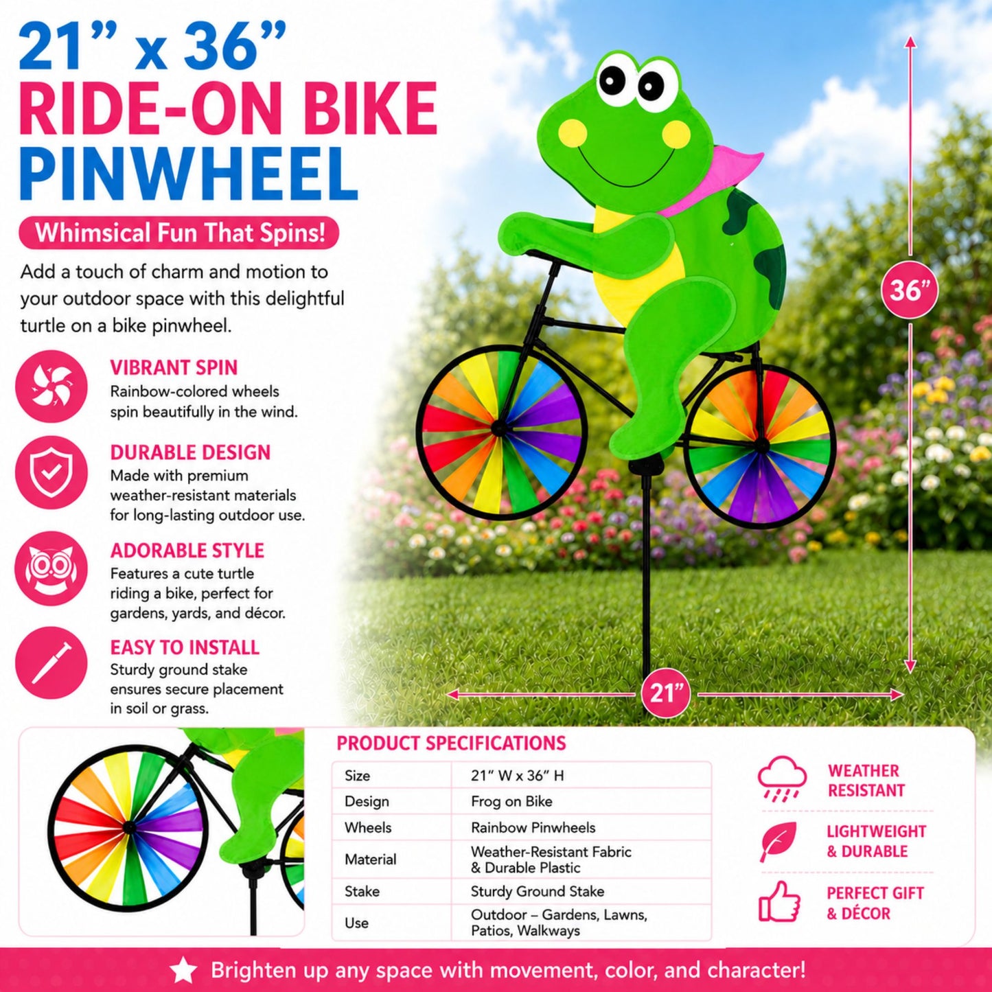 21 x 36 Inch Frog Bicycle Wind Spinner Garden Decor