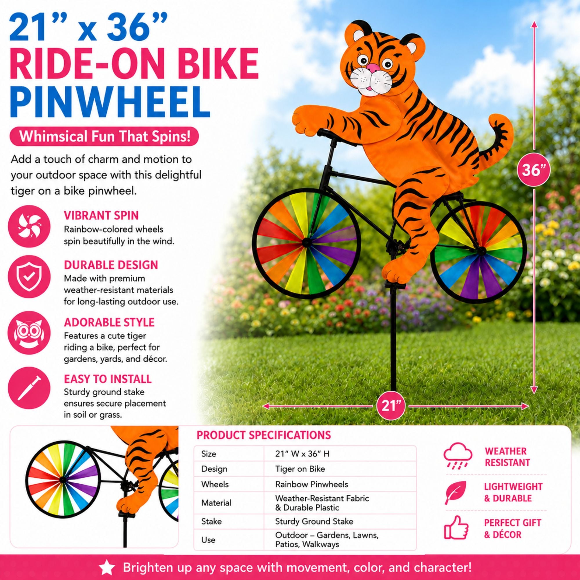 21 x 36 Inch Tiger Bicycle Wind Spinner Garden Decor
