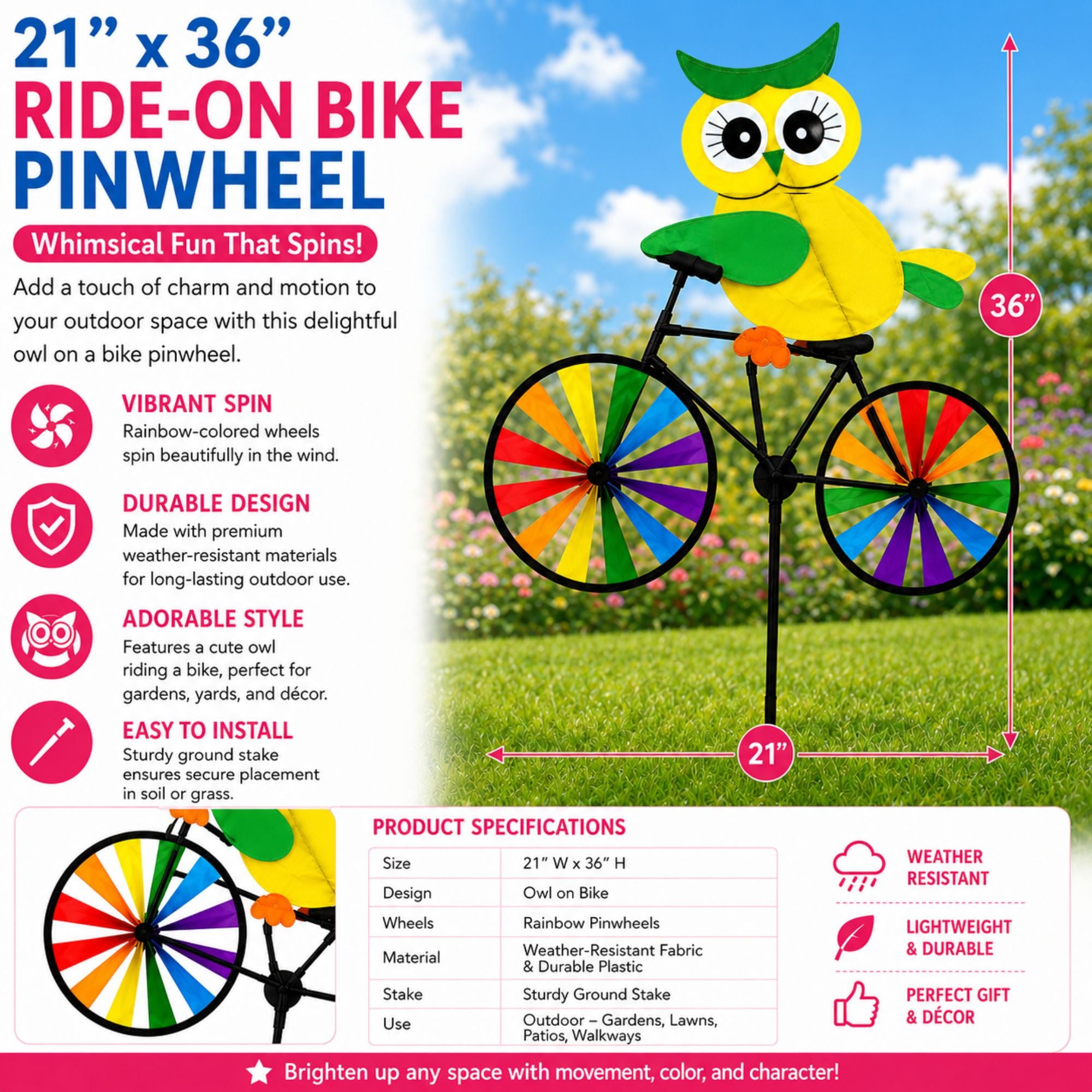 21 x 36 Inch Owl Bicycle Wind Spinner Garden Decor