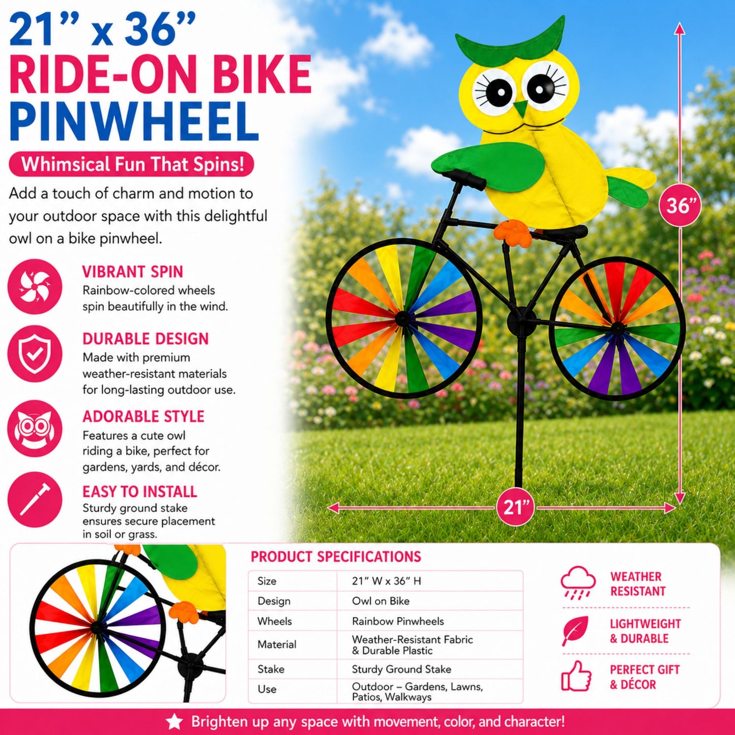 21 x 36 Inch Owl Bicycle Wind Spinner Garden Decor