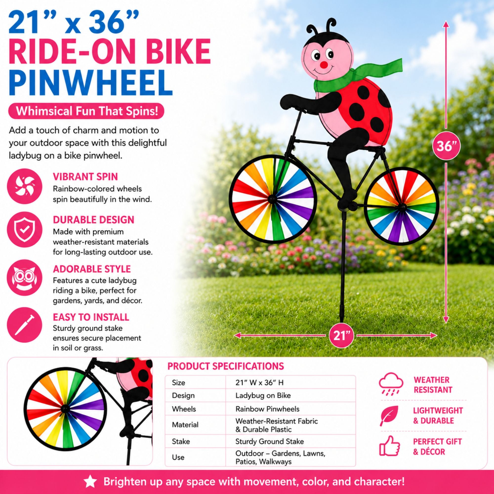 21 x 36 Inch Ladybug Bicycle Wind Spinner Garden Decor