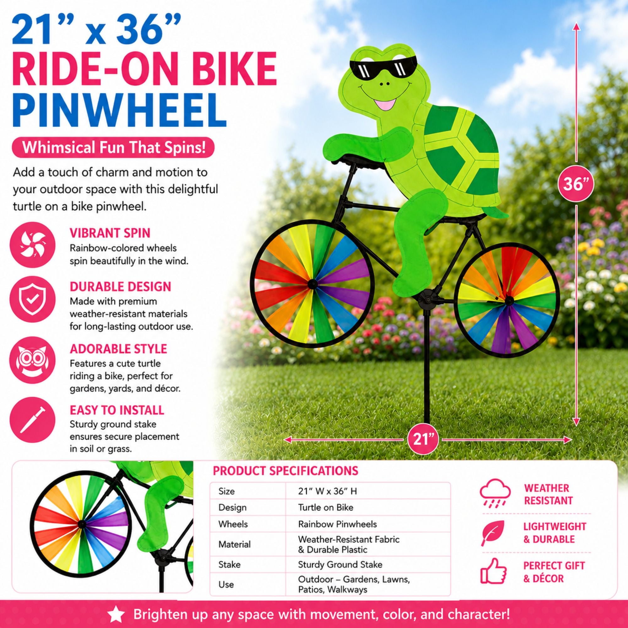 21 x 36 Inch Turtle Bicycle Pinwheel Colorful Garden Spinner