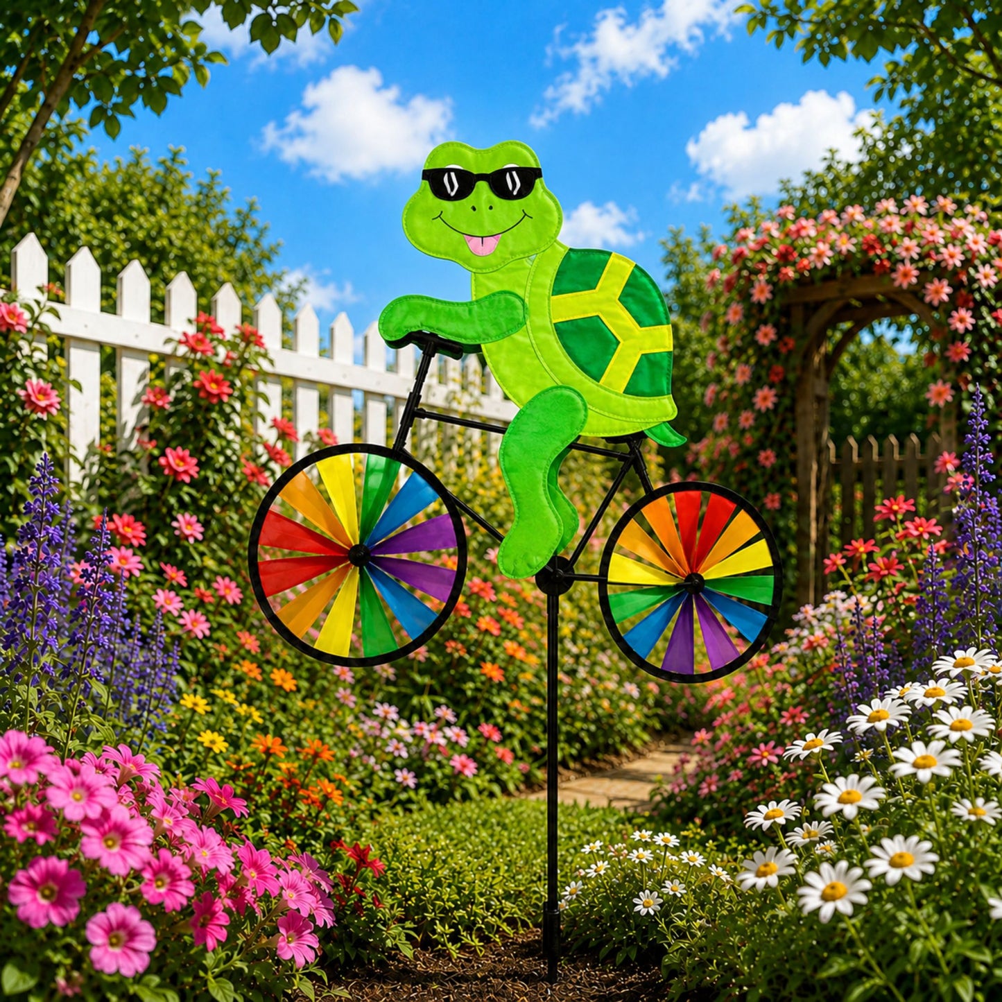 21 x 36 Inch Turtle Bike Wind Spinner Colorful Garden Decor