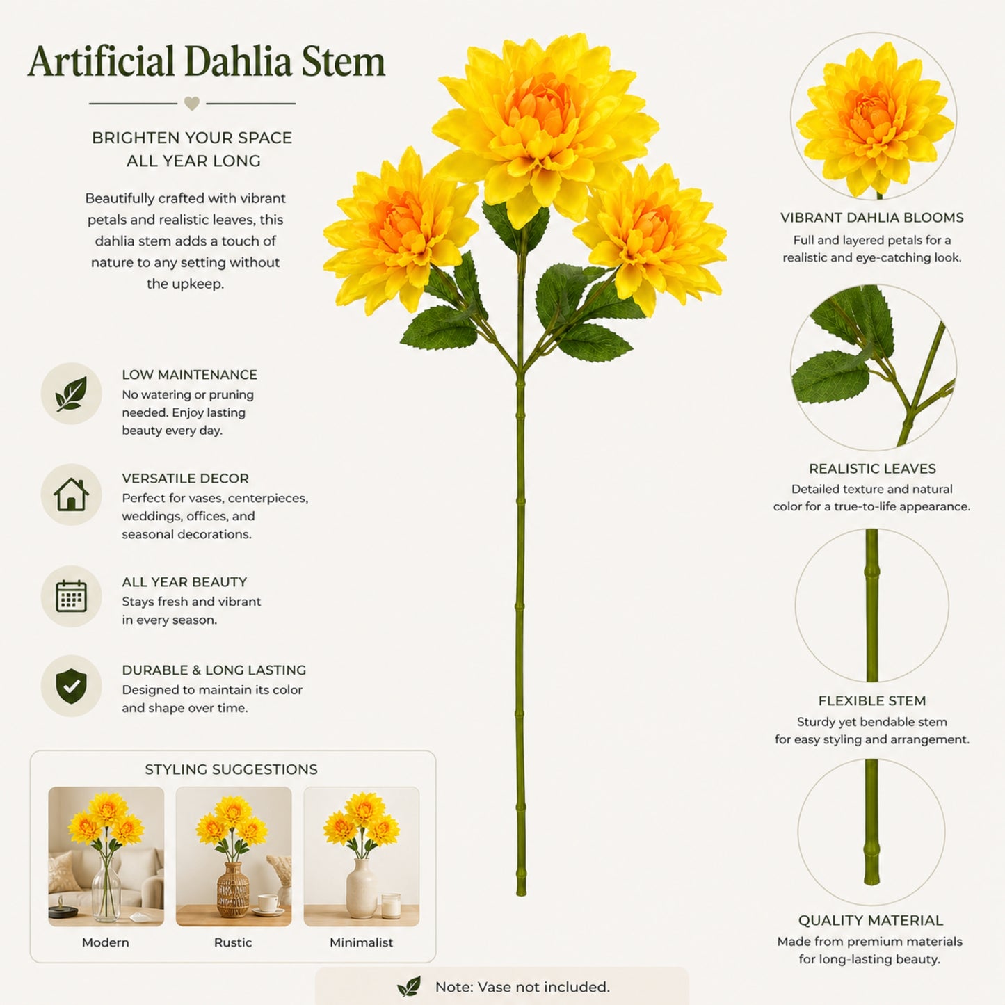 24 Inch Faux Dahlia Flower Stem for Home Floral Decor