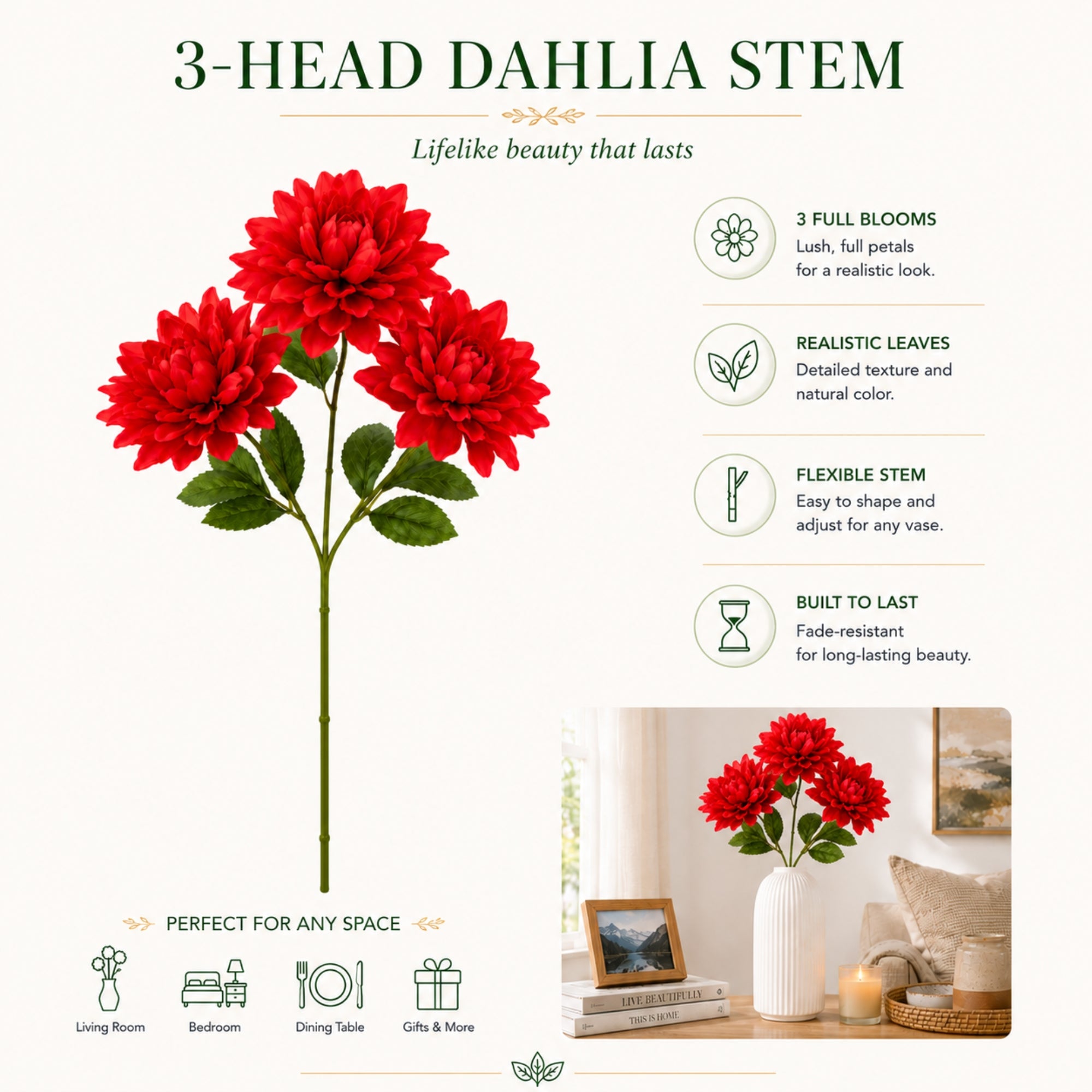 24 Inch Faux Dahlia Stem for Home Floral Arrangements