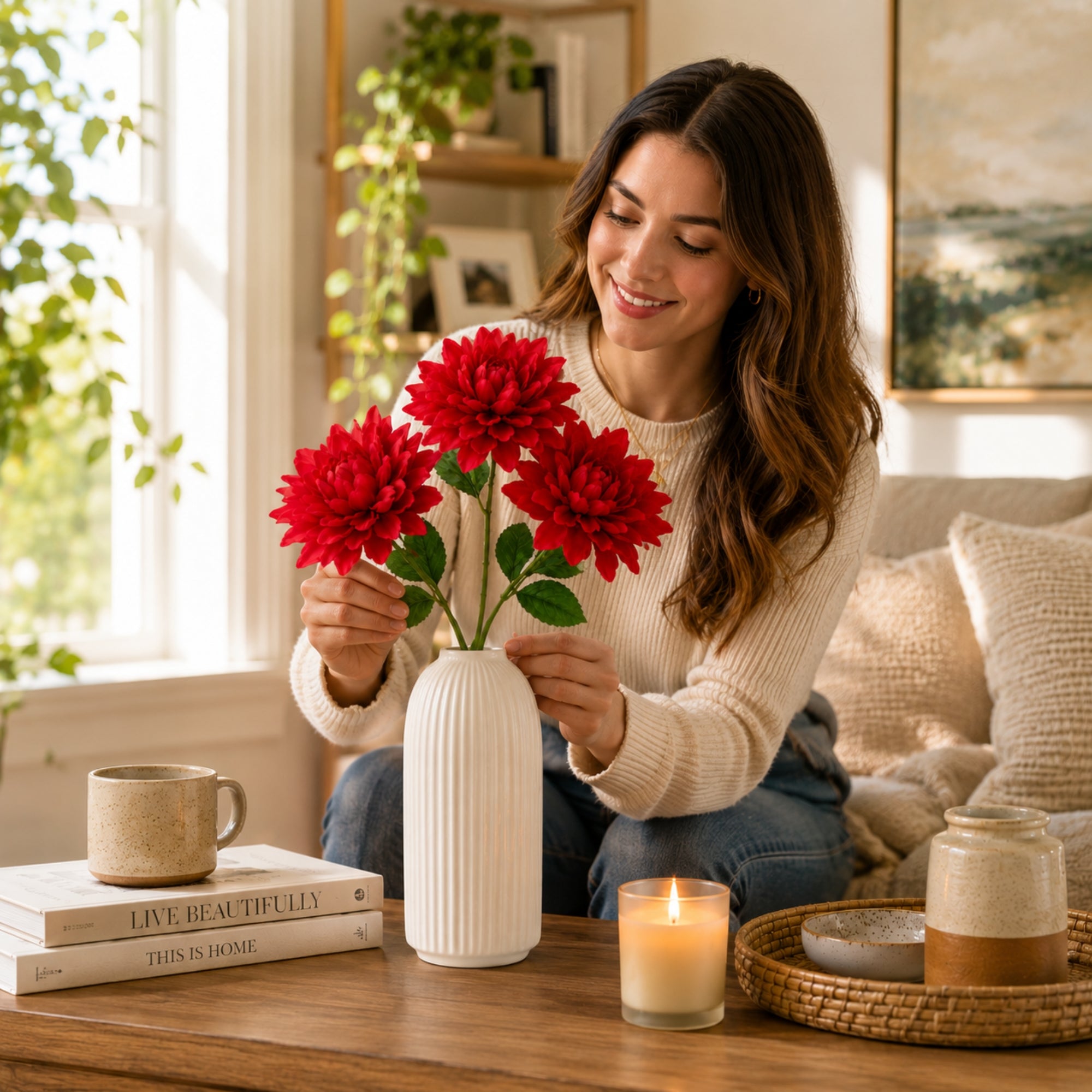 Realistic Artificial Dahlia Flower Stem for Decorative Arrangements