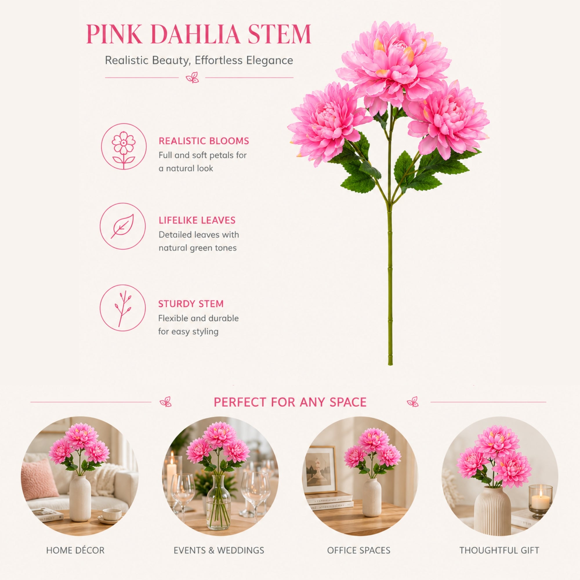 24 Inch Faux Dahlia Flower Stem for Floral Decoration