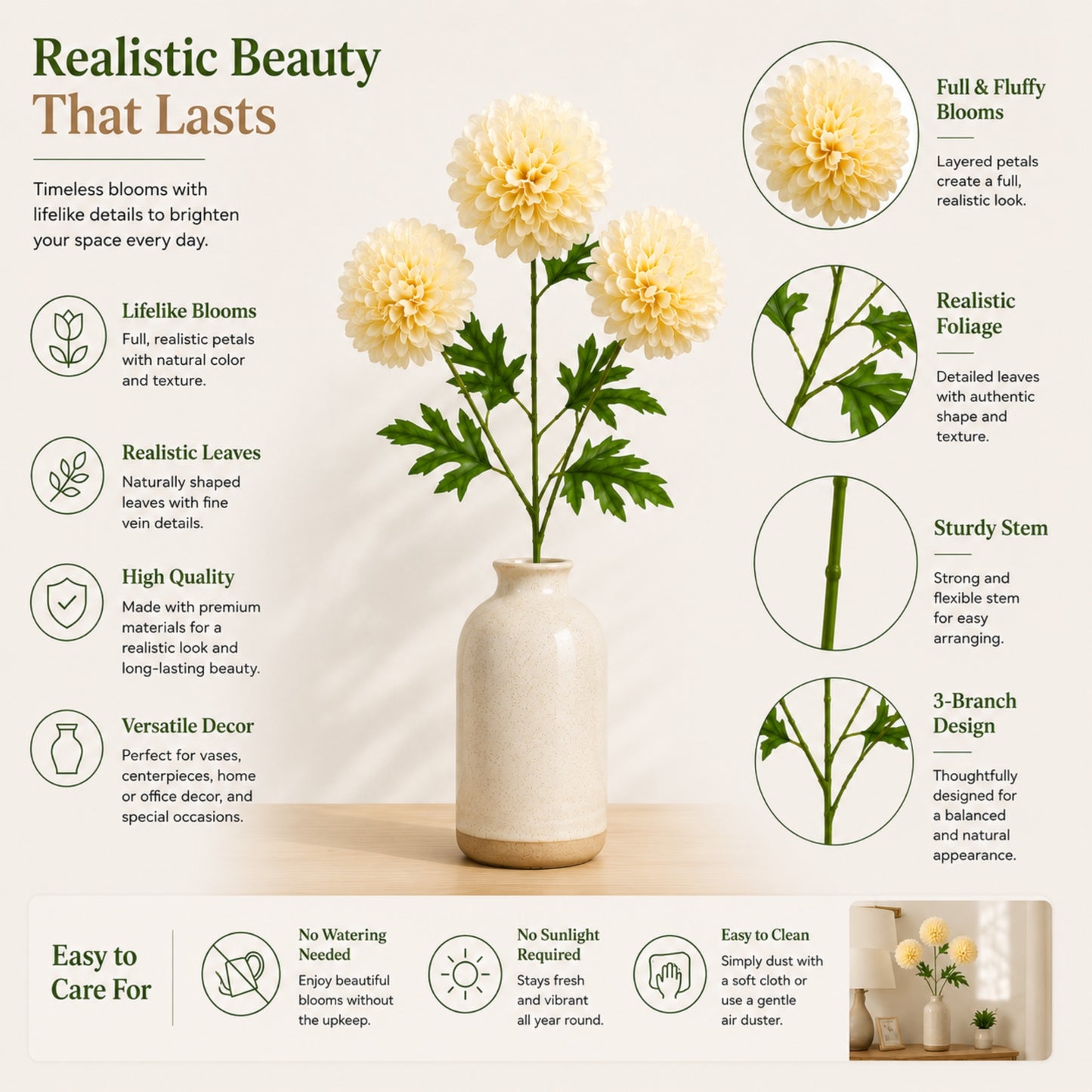 24 Inch Silk Dahlia Stem with 3 Realistic Flower Blooms
