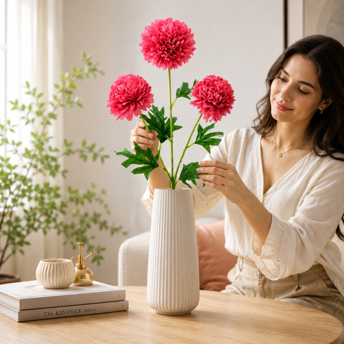 Realistic 3 Bloom Dahlia Flower Stem 24 Inch Silk Spray