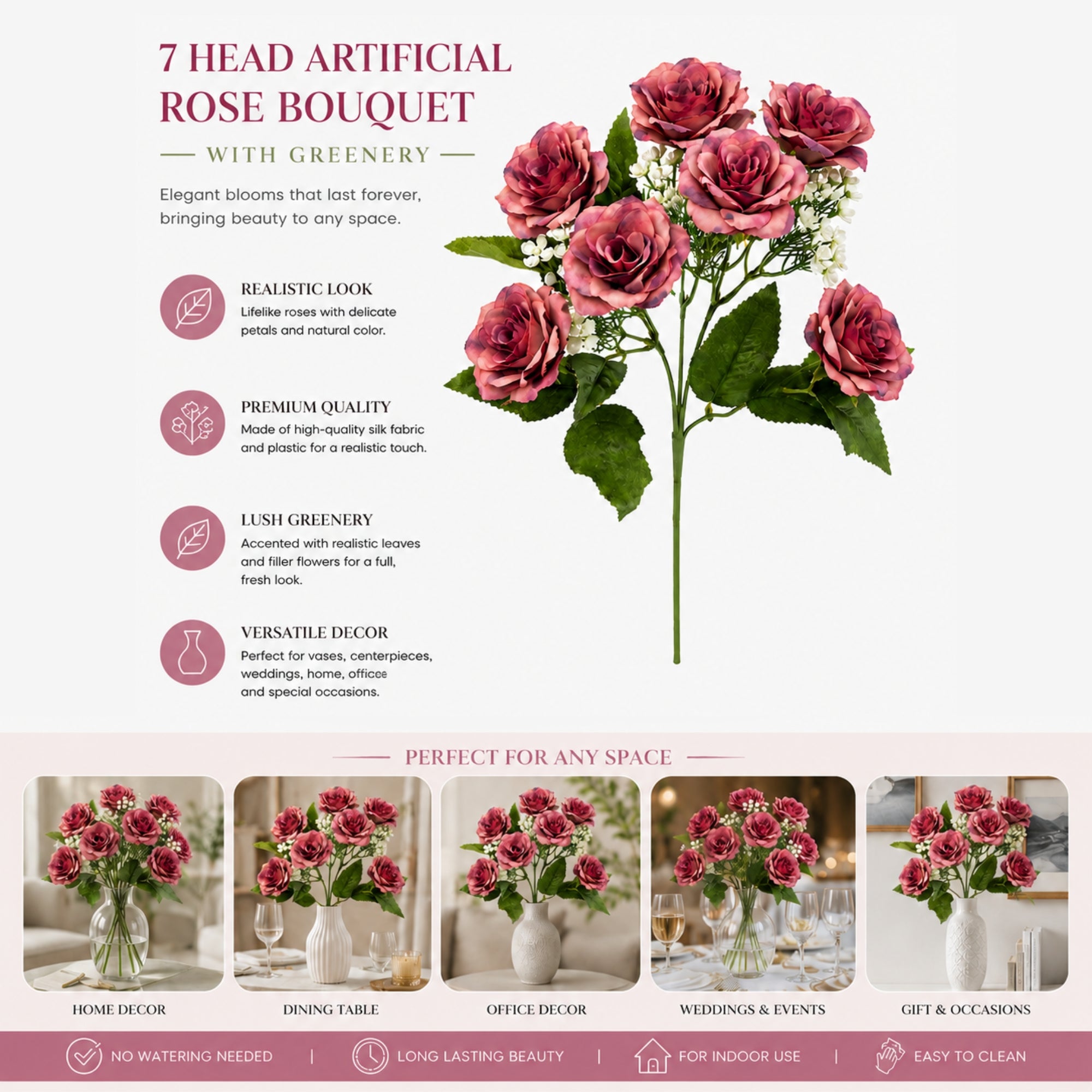 Silk Rose Bouquet with 7 Heads for Home and Event Decoration