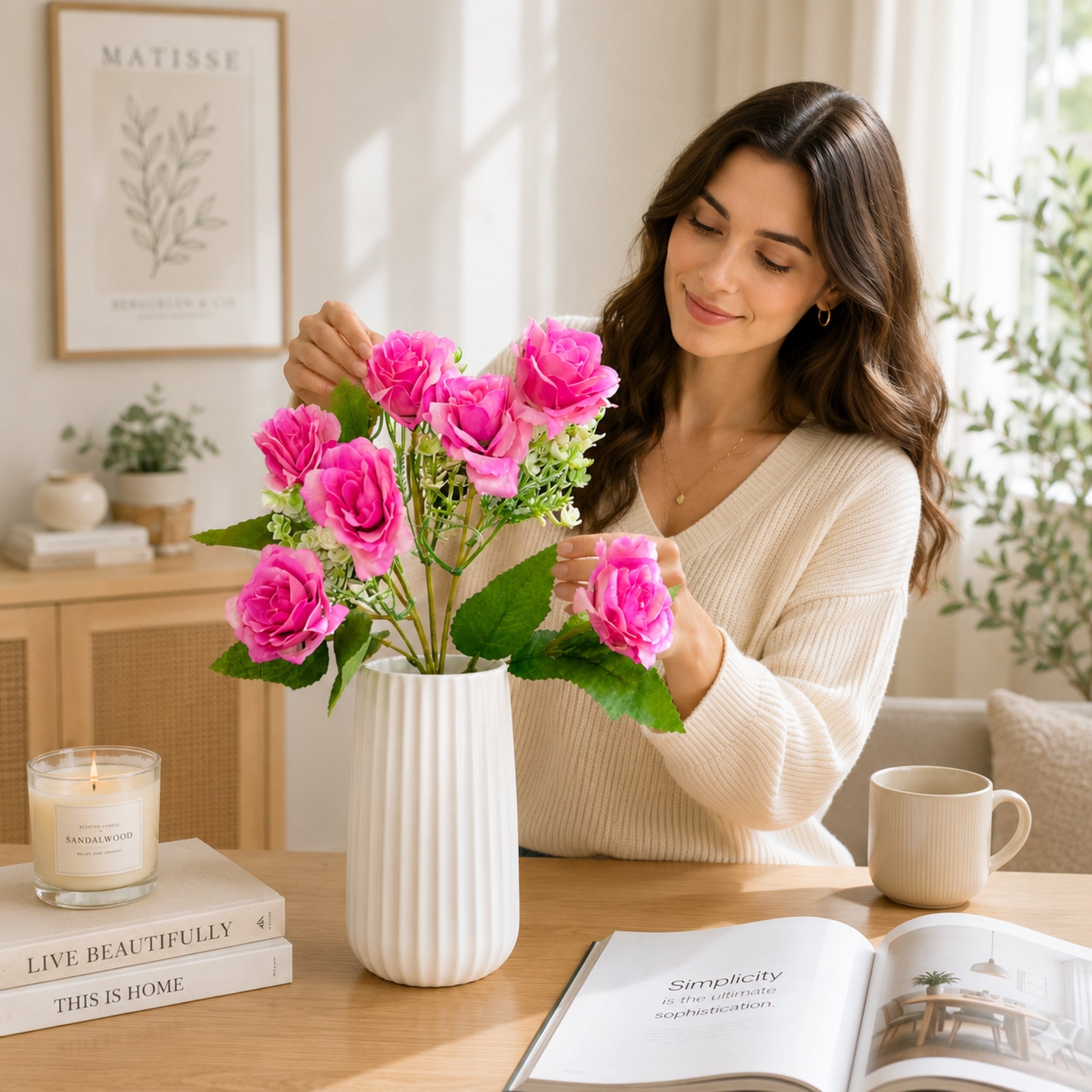 Artificial 7 Head Rose Stem Floral Arrangement for Home Decor