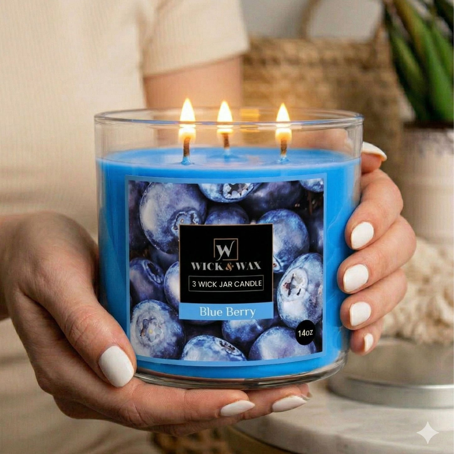 14 oz Wick and Wax Blue Berry 3 Wick Scented Jar Candle Candles lifestyle use image