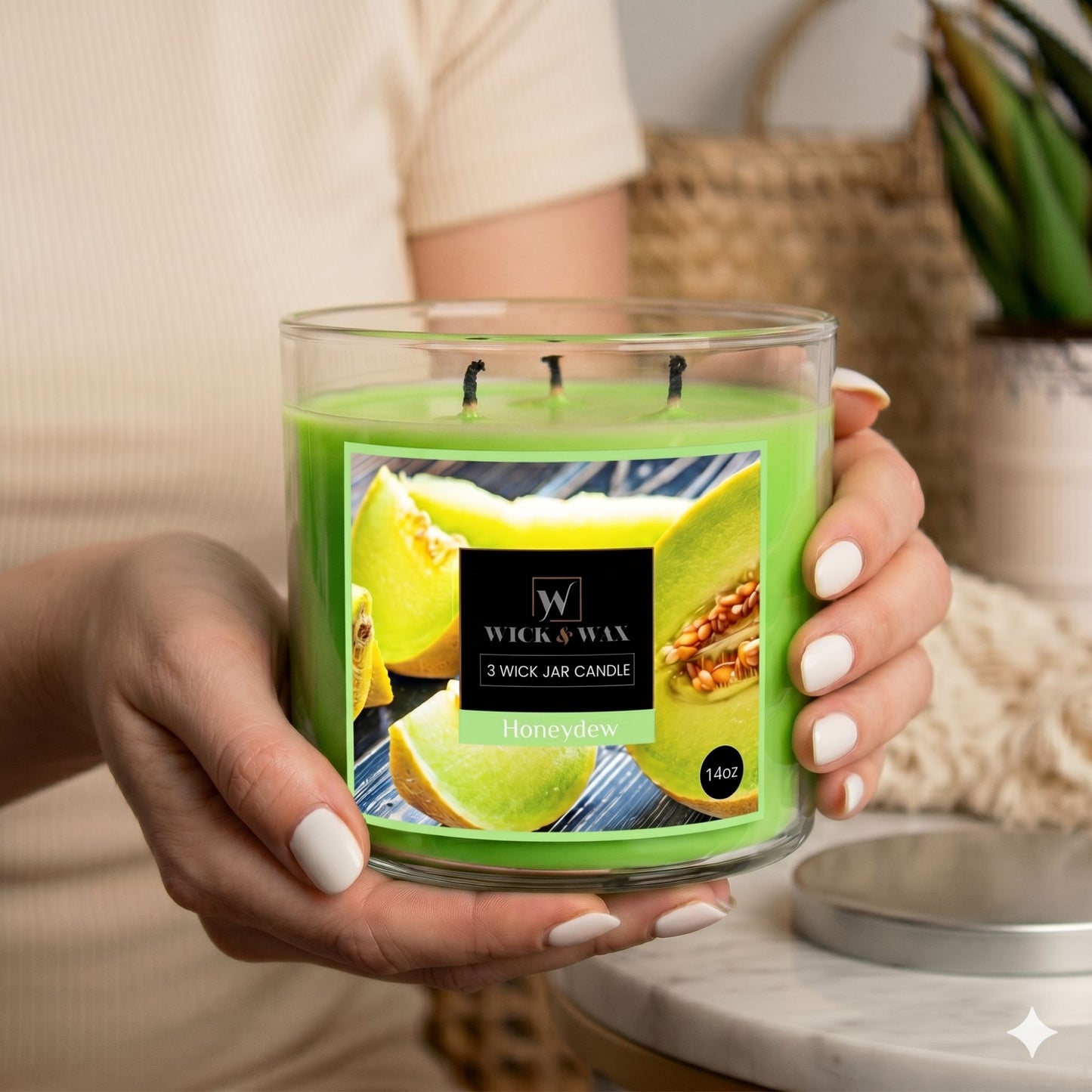 14 oz Wick & Wax Honeydew 3 Wick Scented Jar Candle Candles lifestyle use image