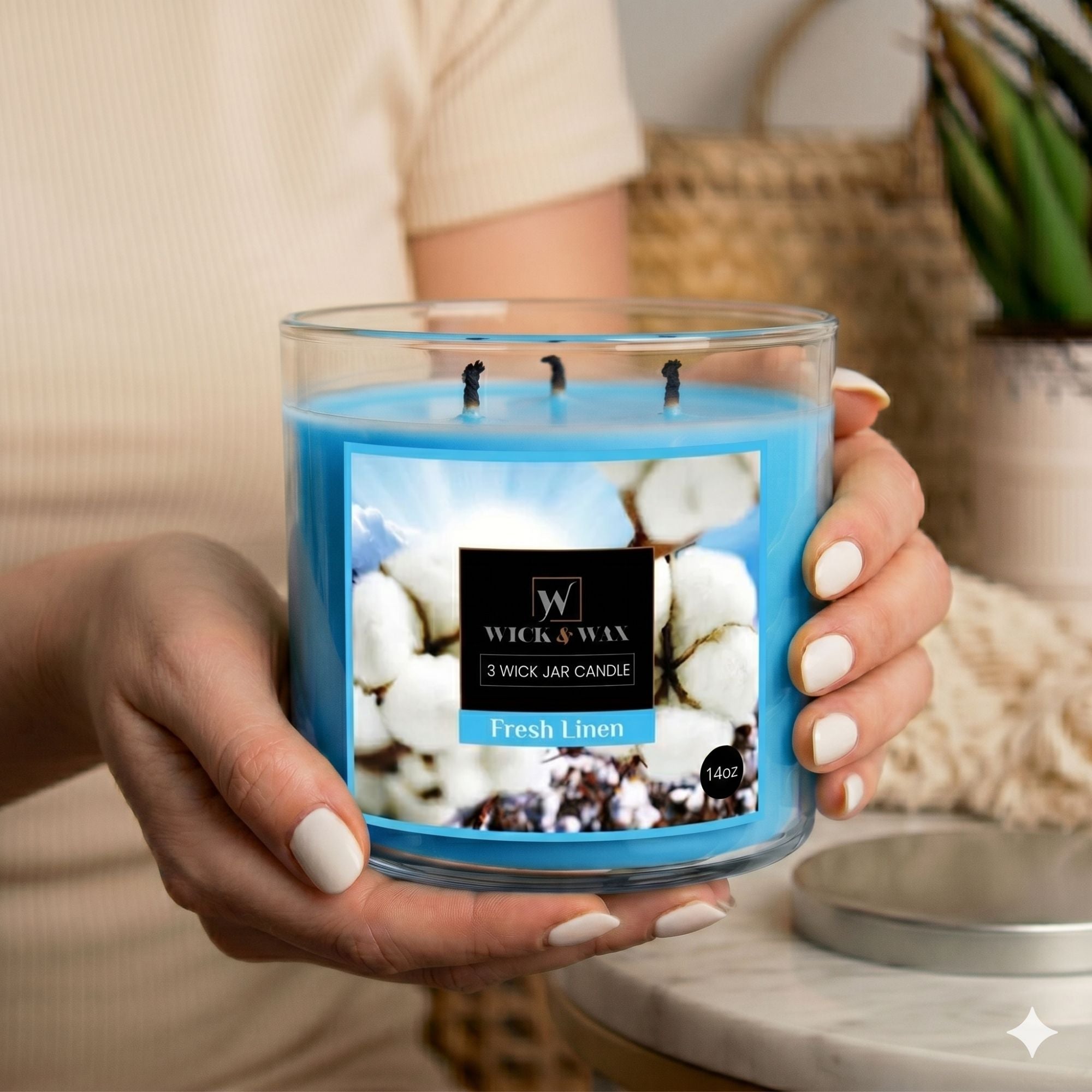 14 oz Wick & Wax Fresh Linen Wick Scented Jar Candle Candles lifestyle use image