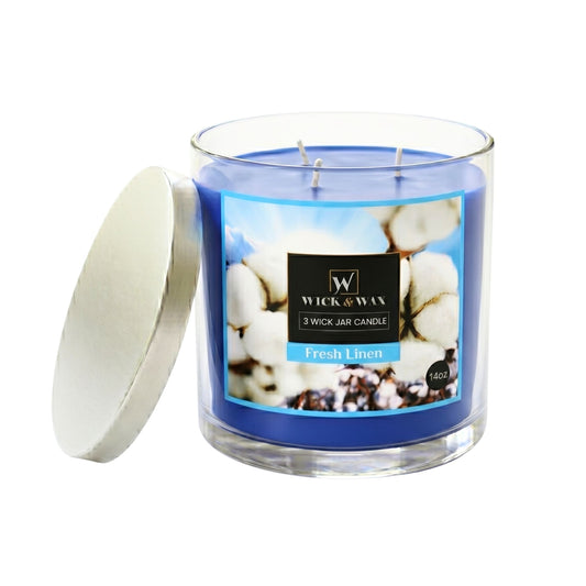 Wick & Wax 14 oz Fresh Linen scented candle in a fluted glass jar with three wicks and a silver lid.