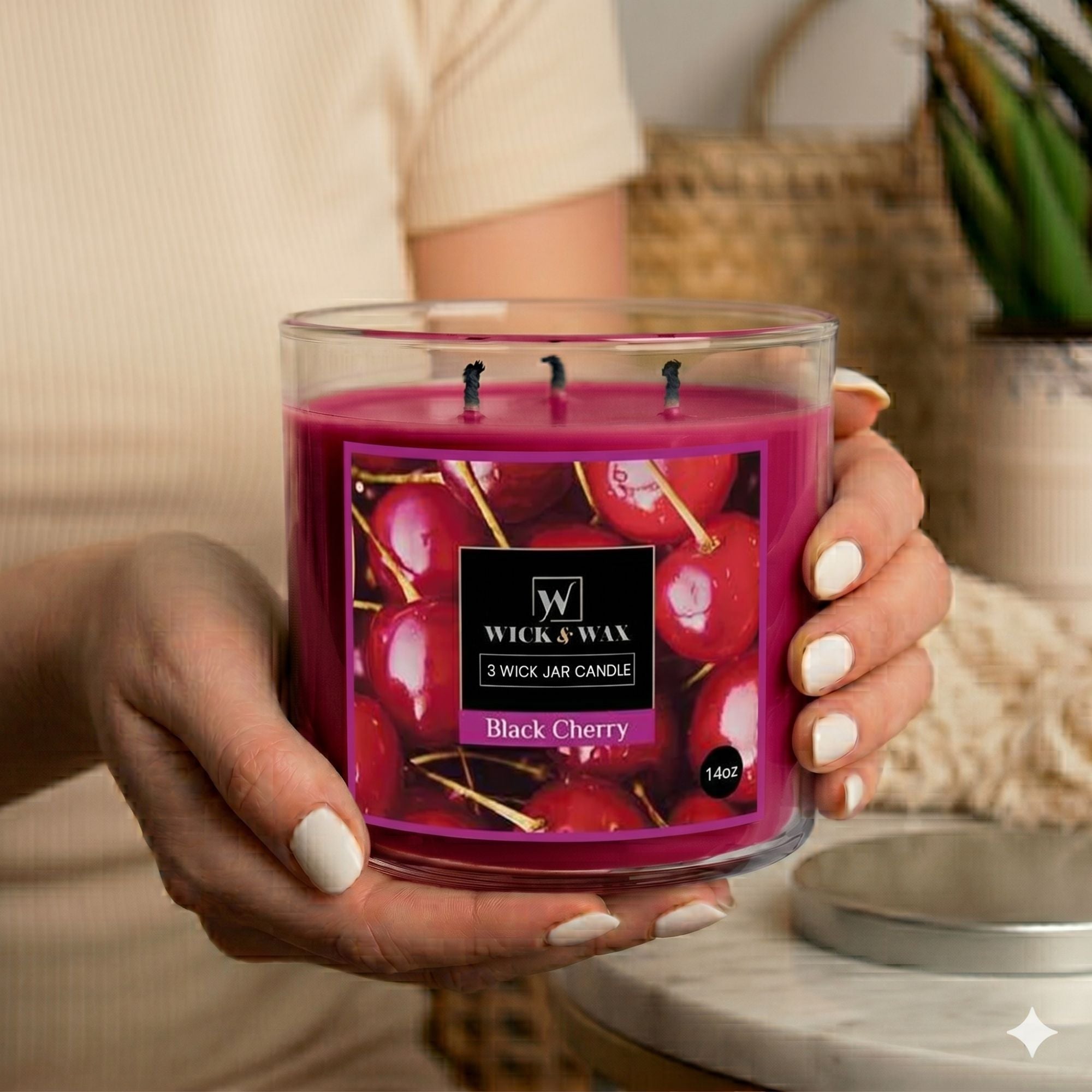 14 oz Wick & Wax Black Cherry Scented Jar Candle Candles lifestyle use image
