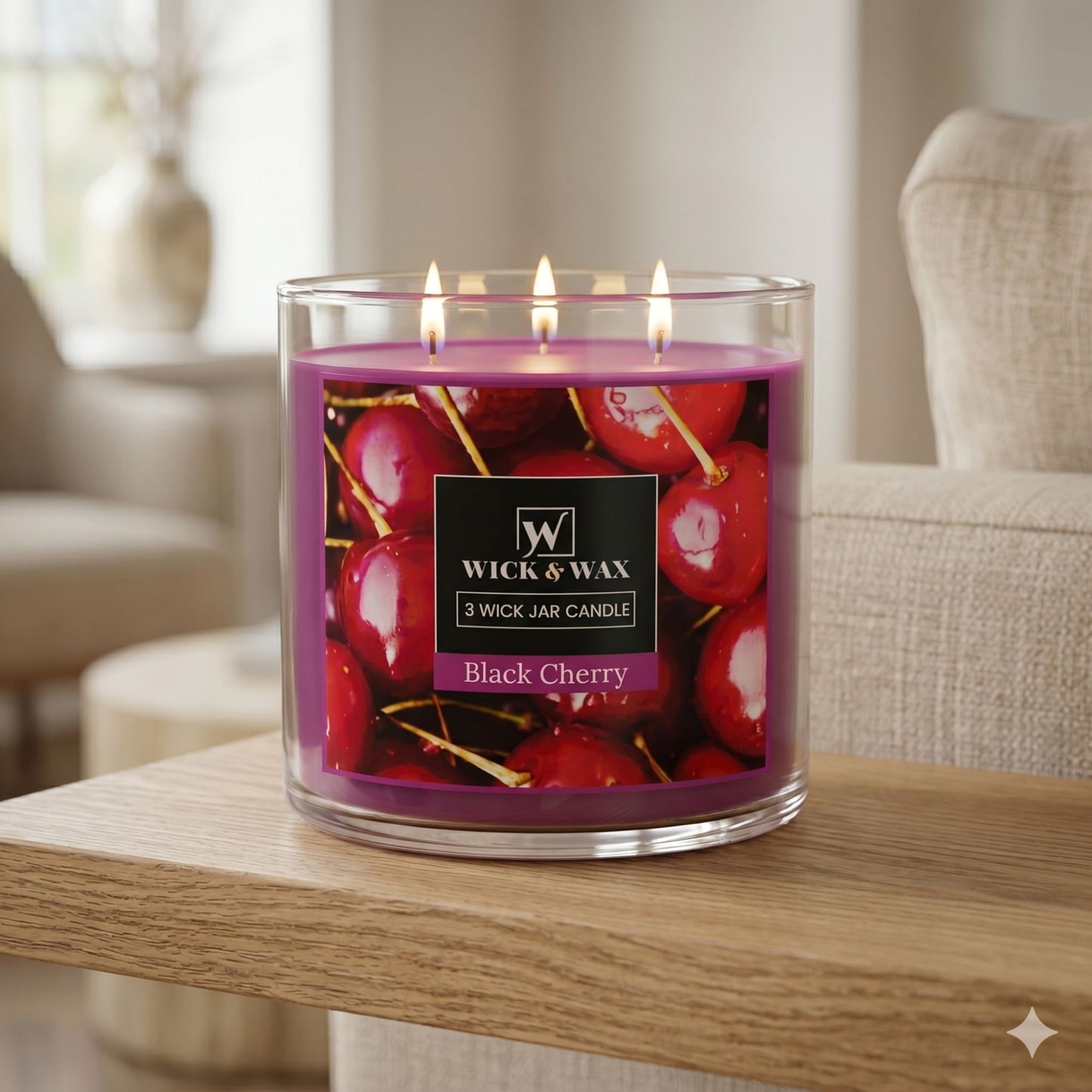 Wick & Wax 14 oz Black Cherry scented candle in a fluted glass jar with three wicks and a silver lid.