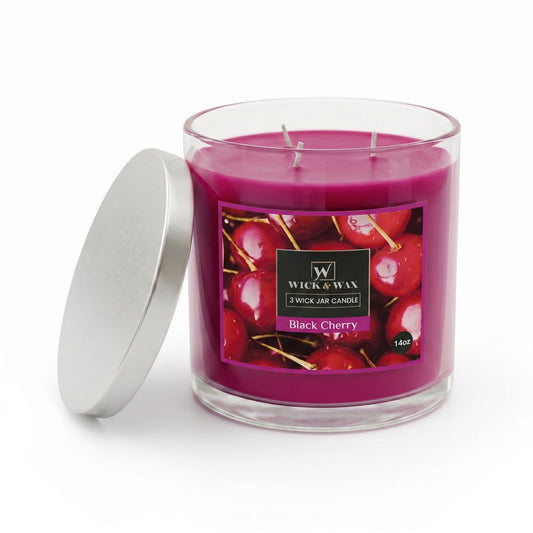 Wick & Wax 14 oz Black Cherry scented candle in a fluted glass jar with three wicks and a silver lid.