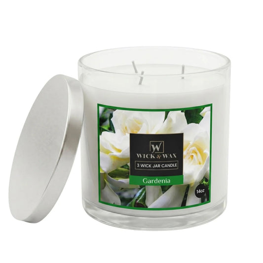 Wick & Wax 3 Wick Jar Candle with Gardenia fragrance on a white background