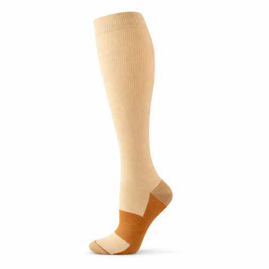 Beige knee-high sock with brown accents on a white background
