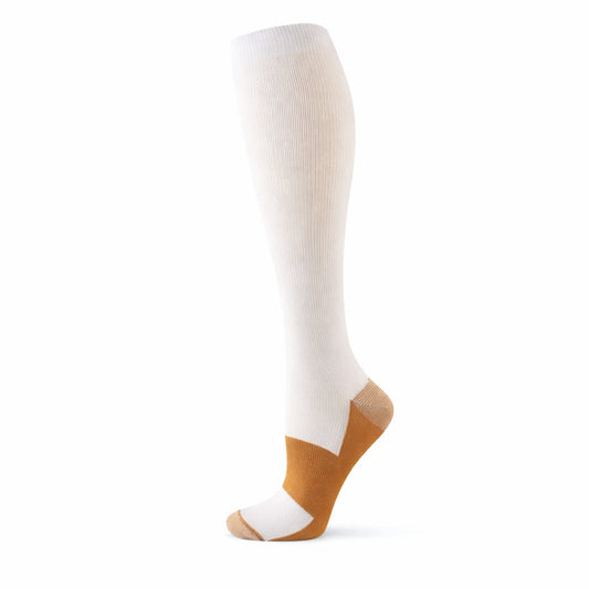 White knee-high sock with brown toes on a white background