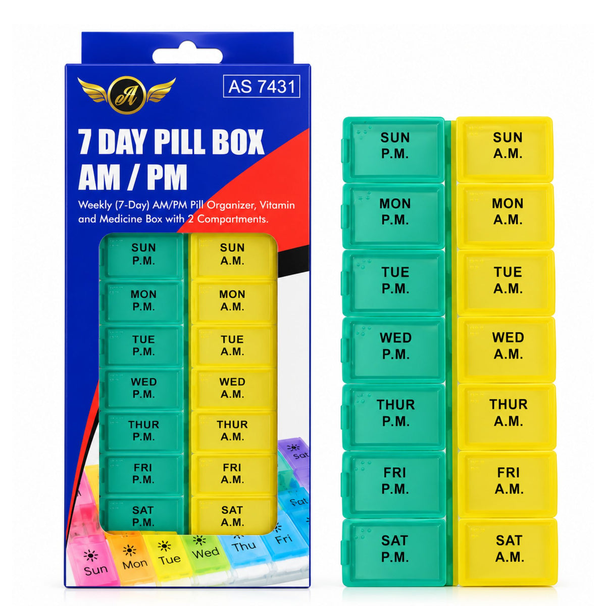 7-Day AM/PM Pill Organizer with 14 Compartments, Weekly Medicine & Vitamin Storage Box