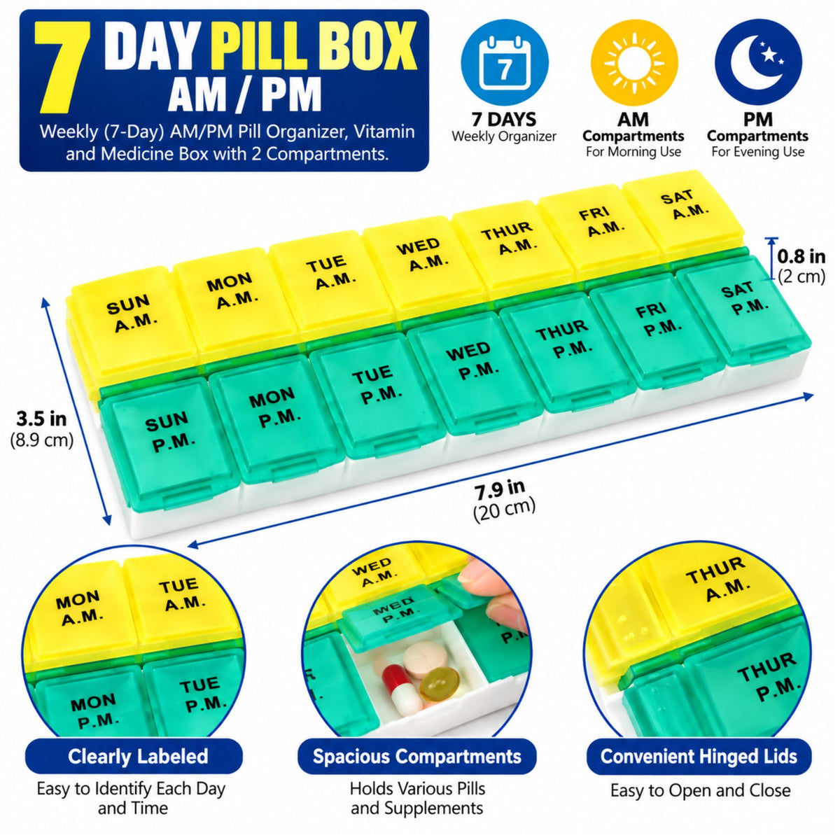 7-Day AM/PM Pill Organizer with 14 Compartments, Weekly Medicine & Vitamin Storage Box