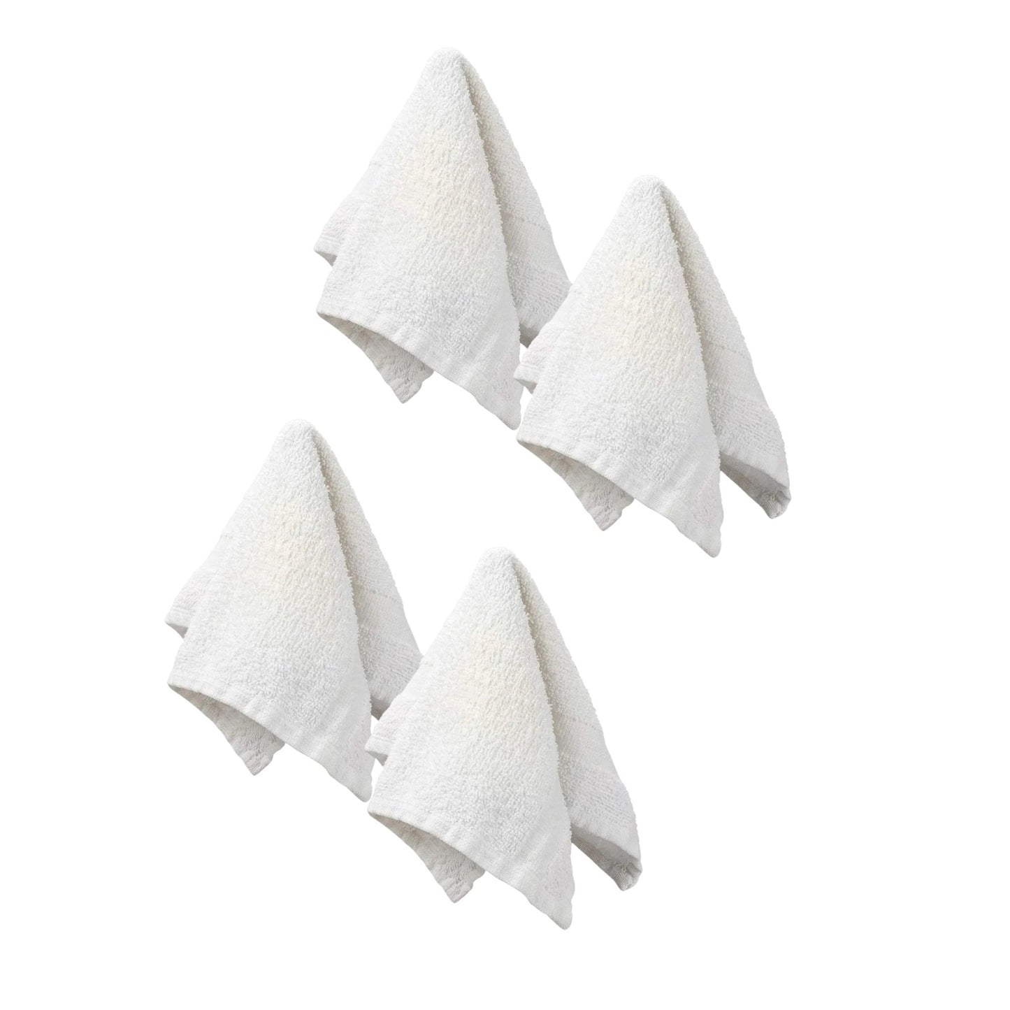 Four white textured towels on a white background