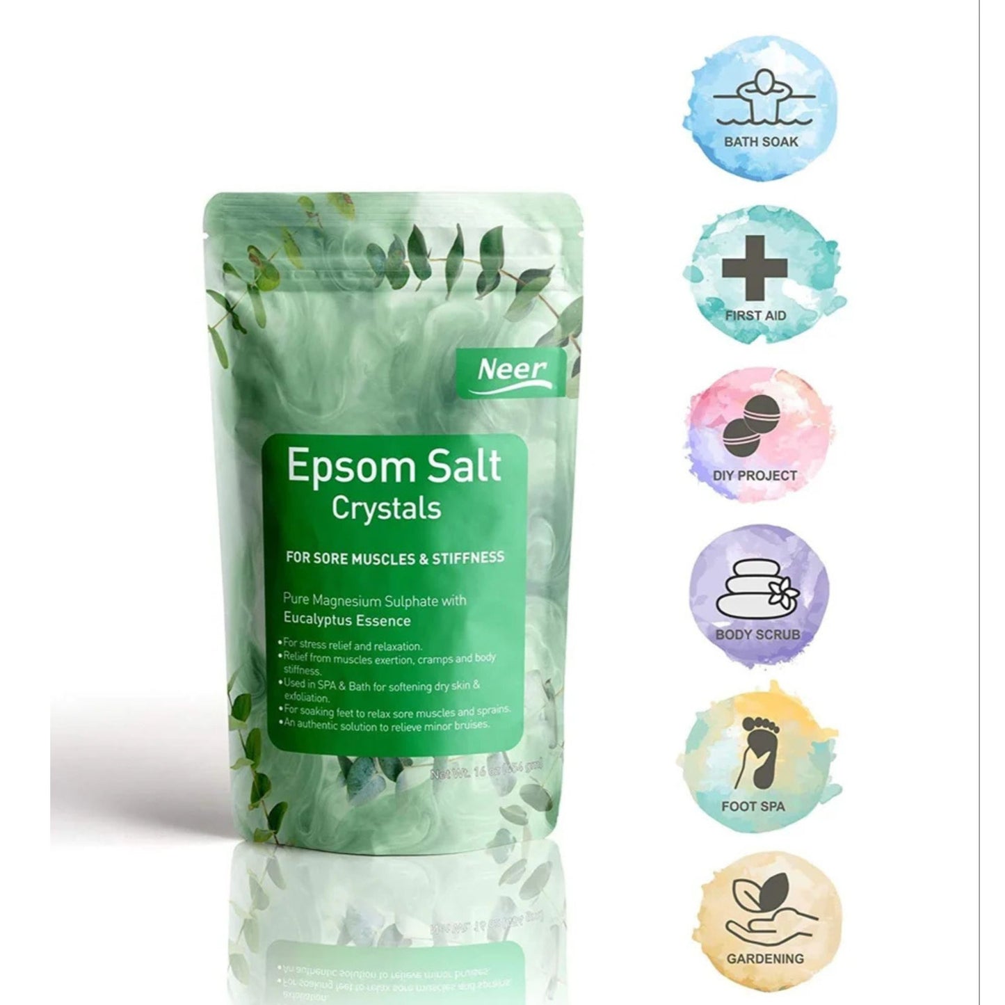 Green package of Epsom Salt Crystals with branding and product description on a white background
