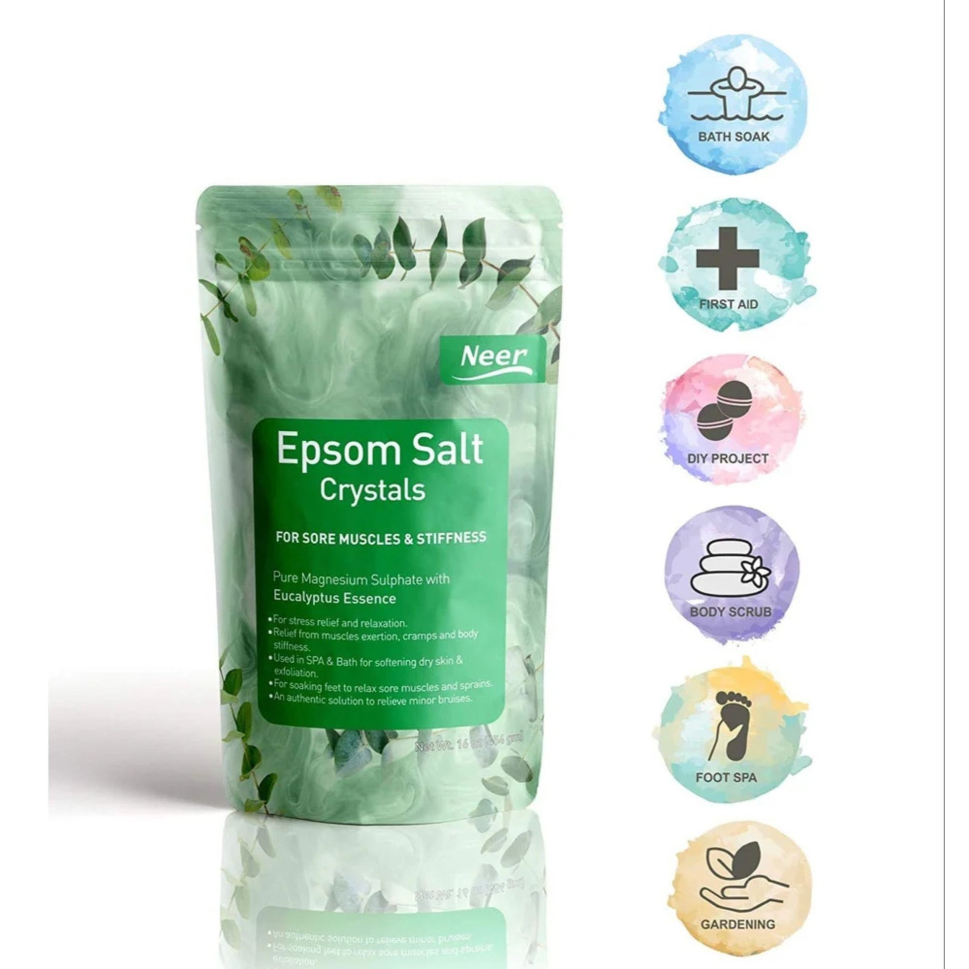 Green package of Epsom Salt Crystals with branding and product description on a white background