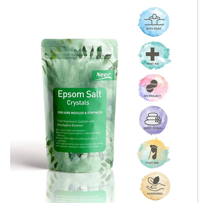 Green package of Epsom Salt Crystals with branding and product description on a white background