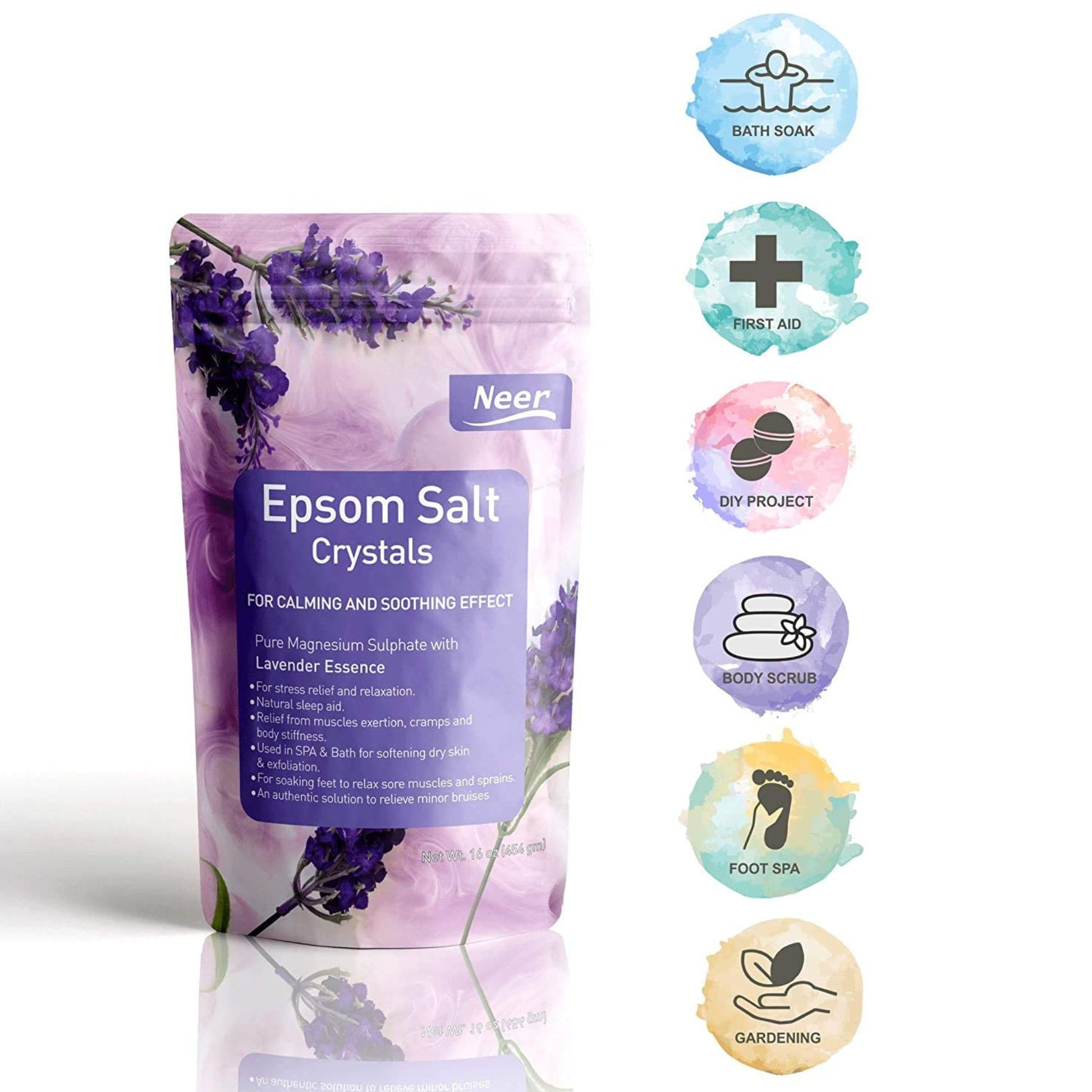 Neer Epsom Salt Crystals packaging with lavender design on a white background