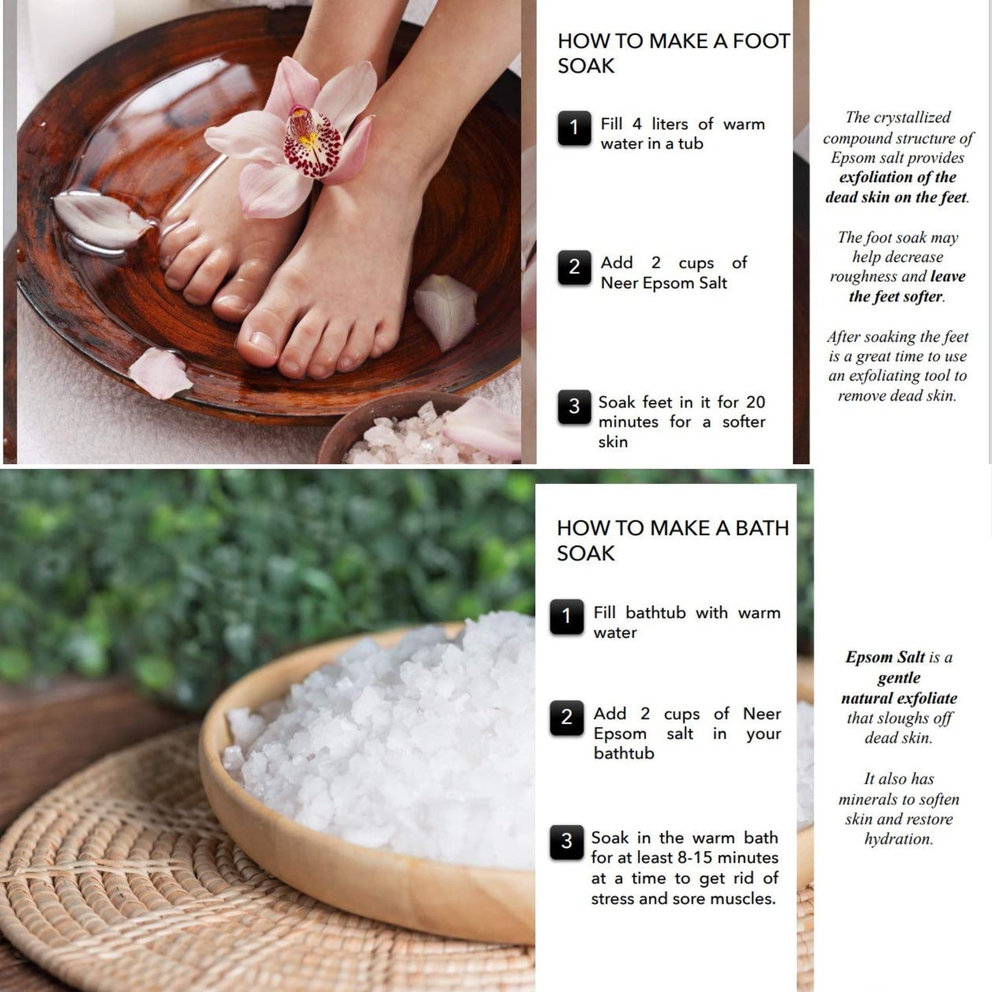 Instructions for making a foot soak and bath soak with Epsom salt.