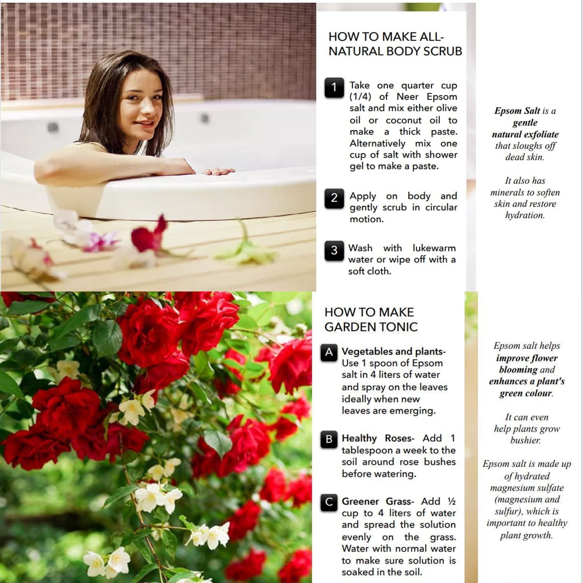 Magazine layout with a woman relaxing, garden scene, and Epsom salt instructions.