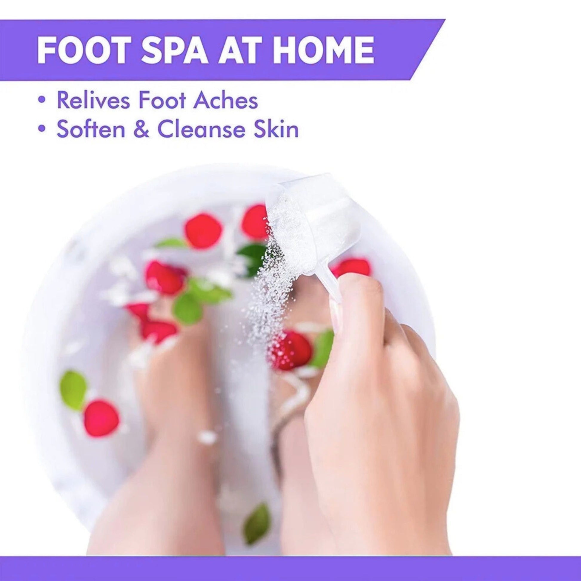 Foot spa at home product with text highlighting benefits on a white background