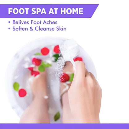 Foot spa at home product with text highlighting benefits on a white background